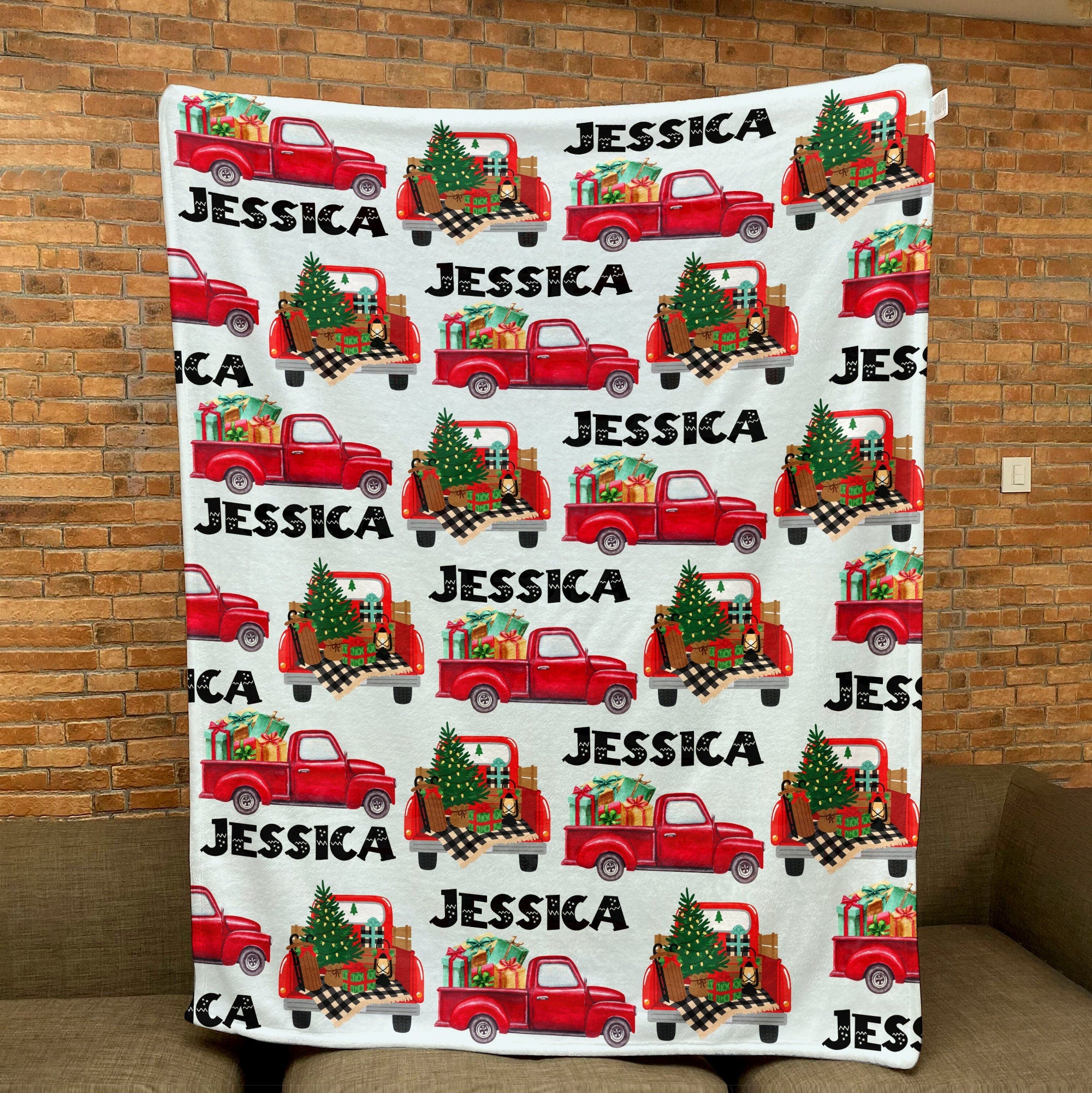 Petmytshirt Christmas Blanket Farmhouse Blanket Red Truck Blanket Custom Name Christmas Gift