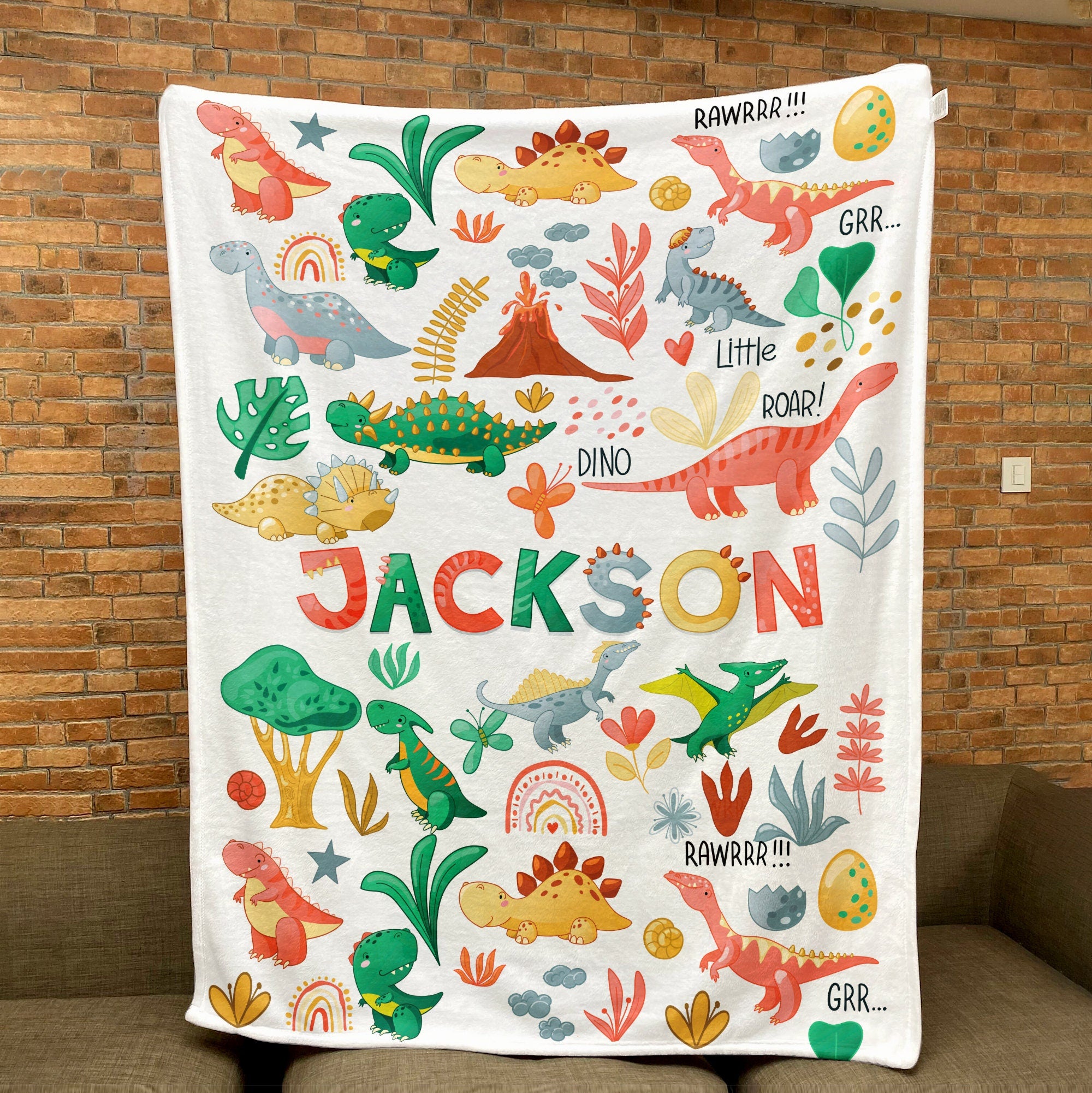 Petmytshirt Dinosaur Blanket Custom Name Gift for Dinosaur Lover Son Boy Kid