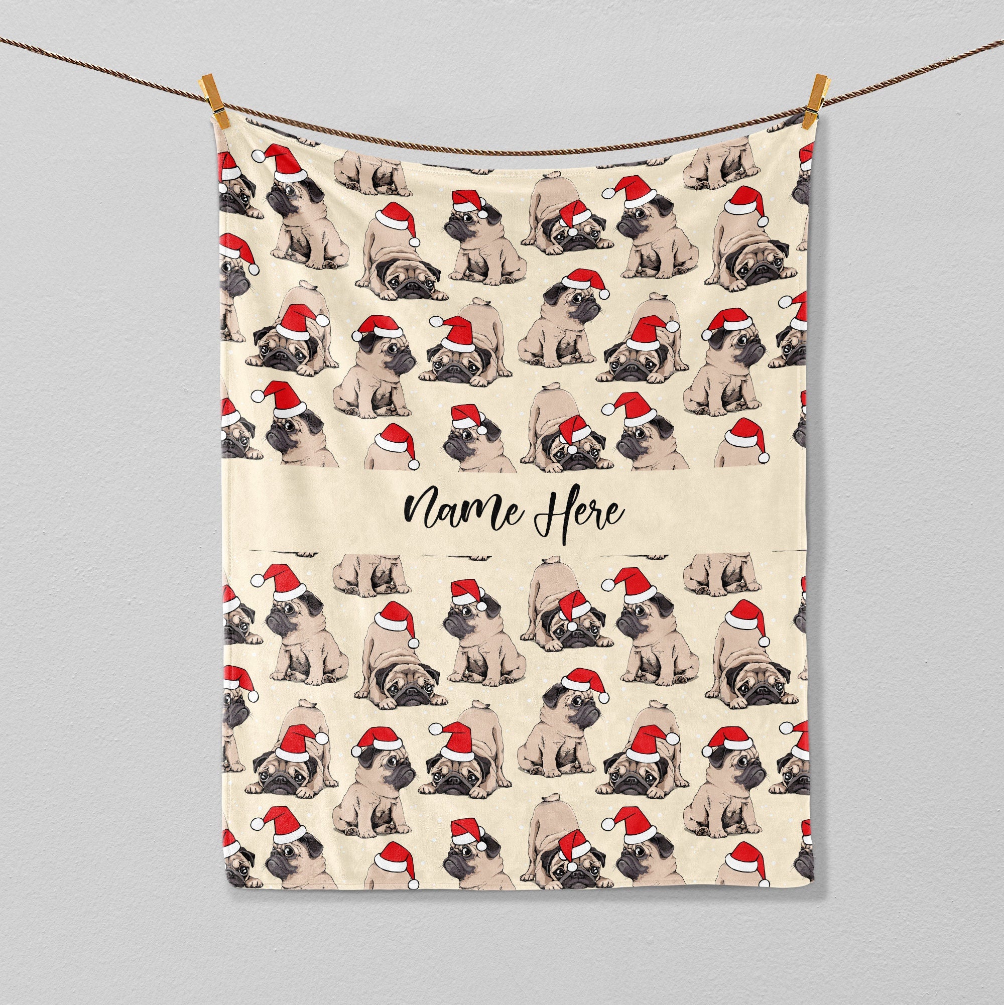 Petmytshirt Christmas Pug Blanket Cute Santa Pug Blanket Custom Name Gift for Dog Lover Dog Mom