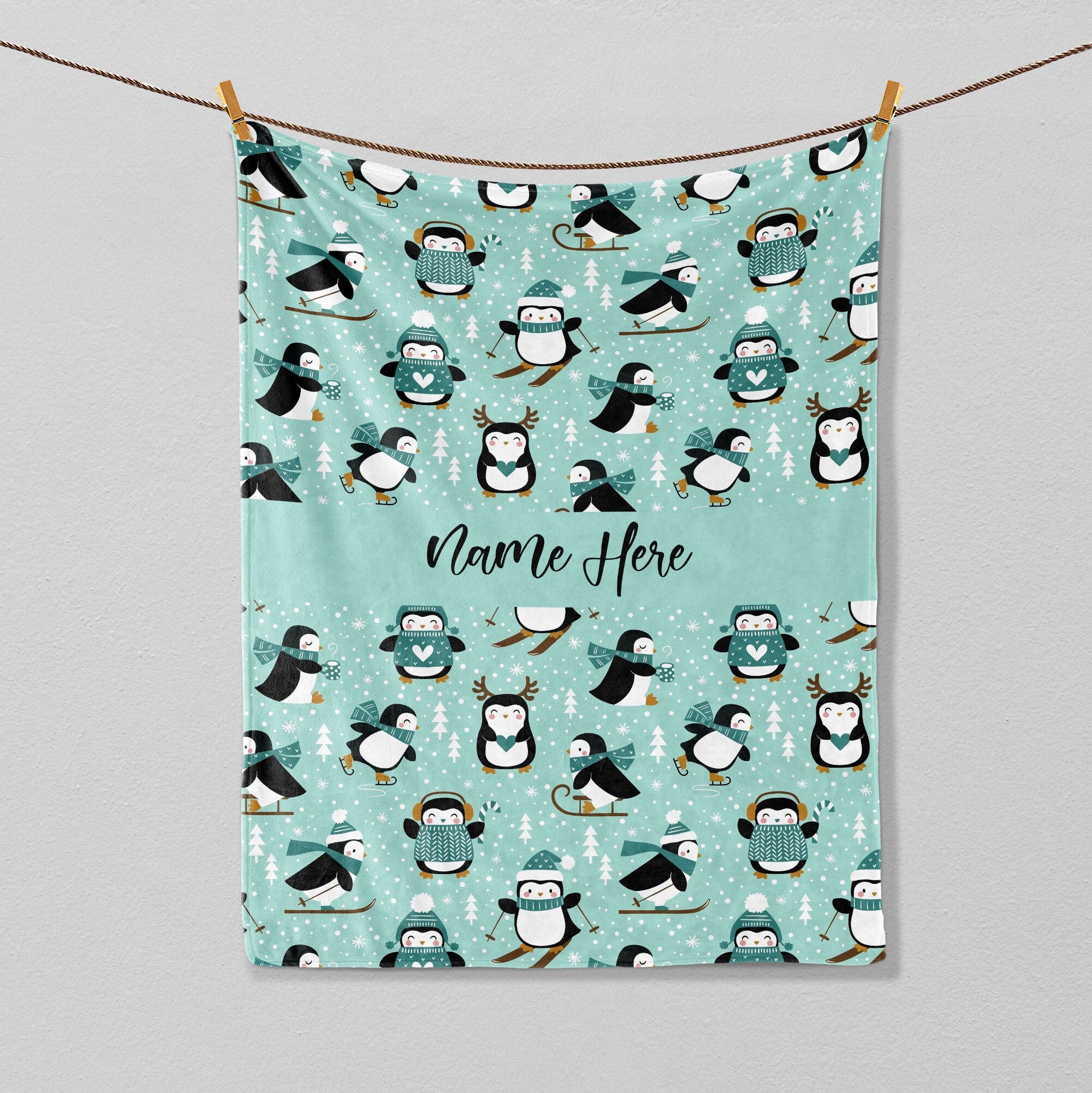 Petmytshirt Christmas Penguin Blanket Cute Penguin Snowflakes Blanket Custom Name Christmas Gift