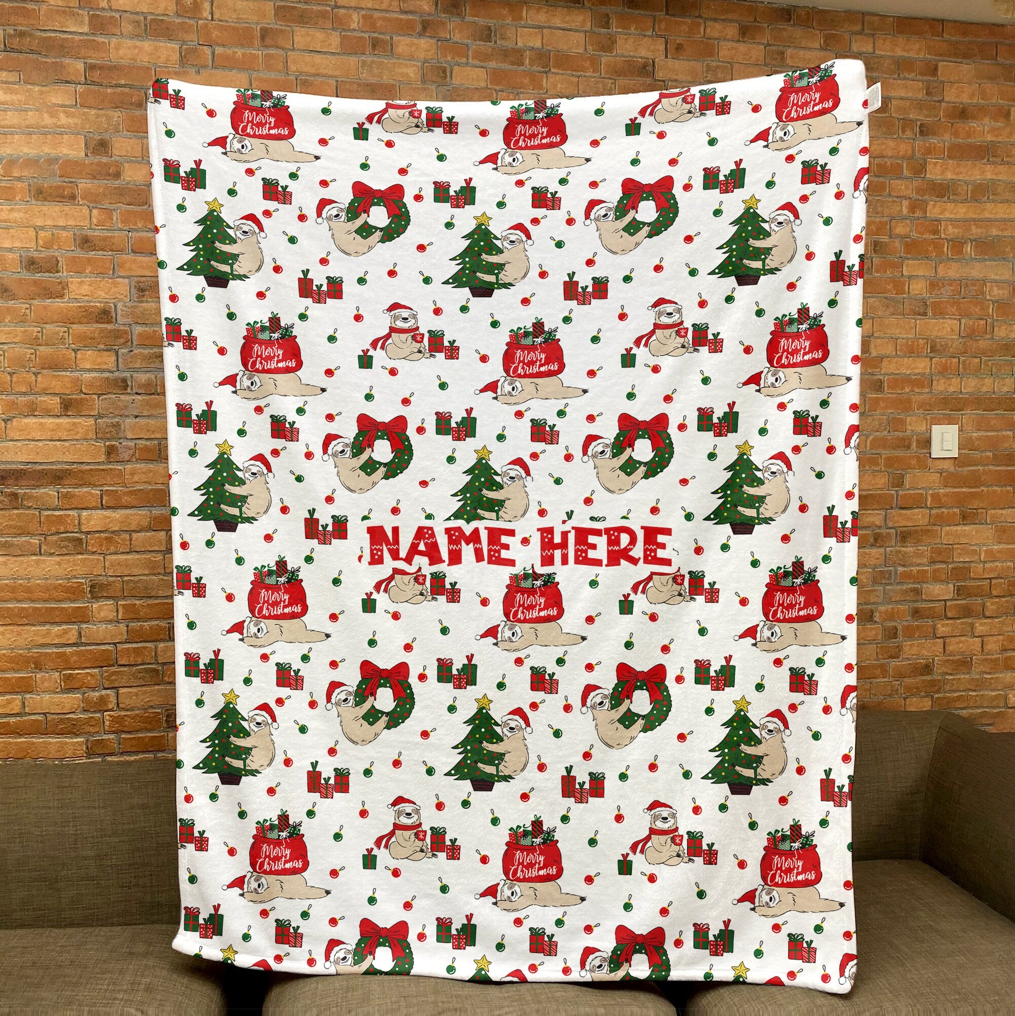 Petmytshirt Christmas Blanket Xmas Sloth Blanket Custom Name Holiday Gift for Daughter Son Kid