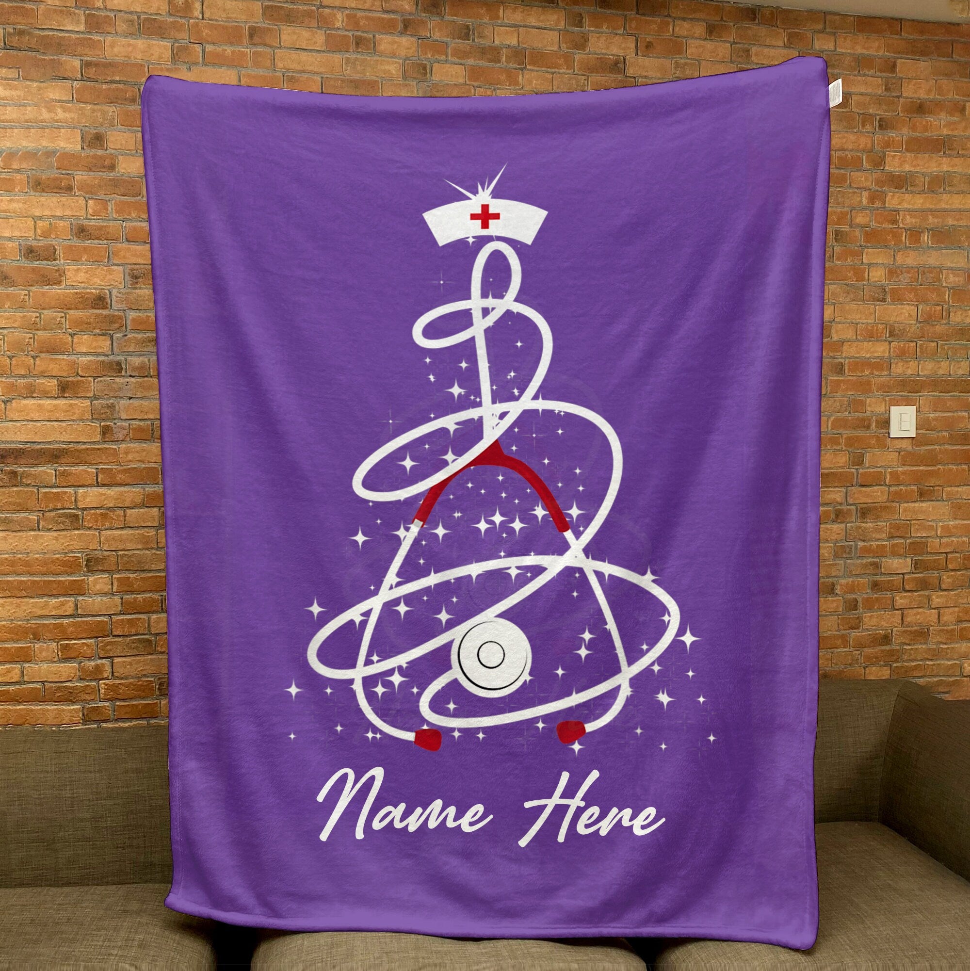 Petmytshirt Christmas Nurse Blanket Christmas Tree Nurse Blanket Custom Name Soft Sherpa Fleece Throw Blankets Gift for Nurse RN LPN CNS