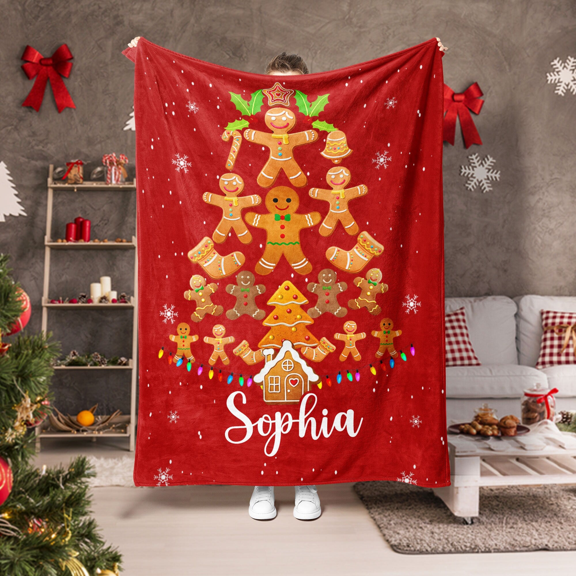 Petmytshirt Christmas Blanket Gingerbread Blanket Custom Name Gift for Grandma Mom Daughter