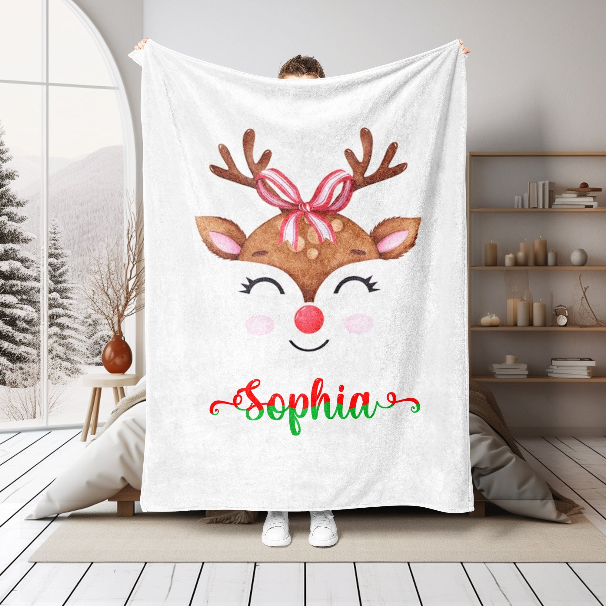 Petmytshirt Christmas Blanket Reindeer Blanket Custom Name Christmas Gift for Daughter Son Kid