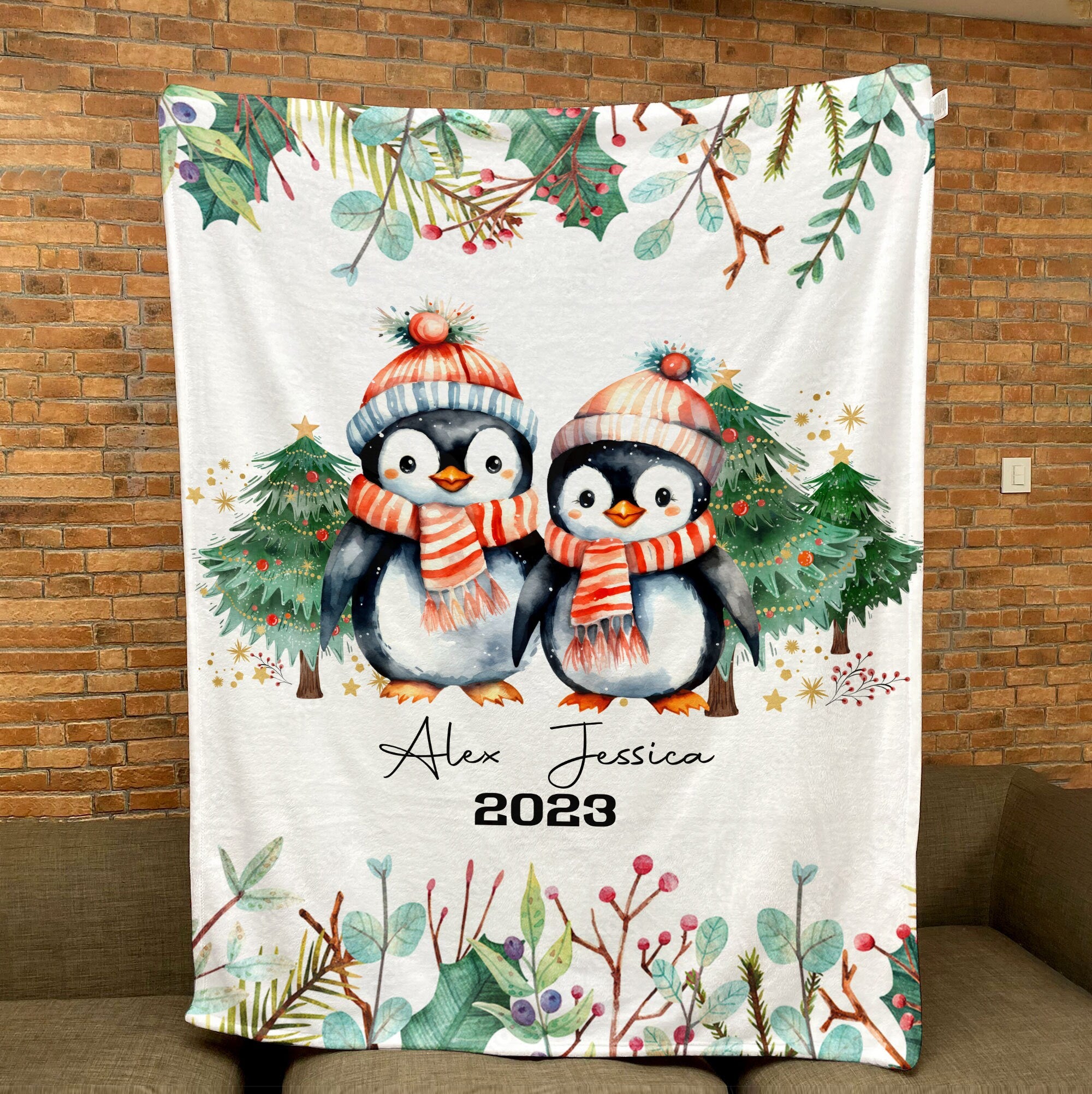 Petmytshirt Christmas Blanket Penguin Couple Blanket Custom Name Soft Cozy Sherpa Fleece Throw Blanket Gift for Couple Husband Wife