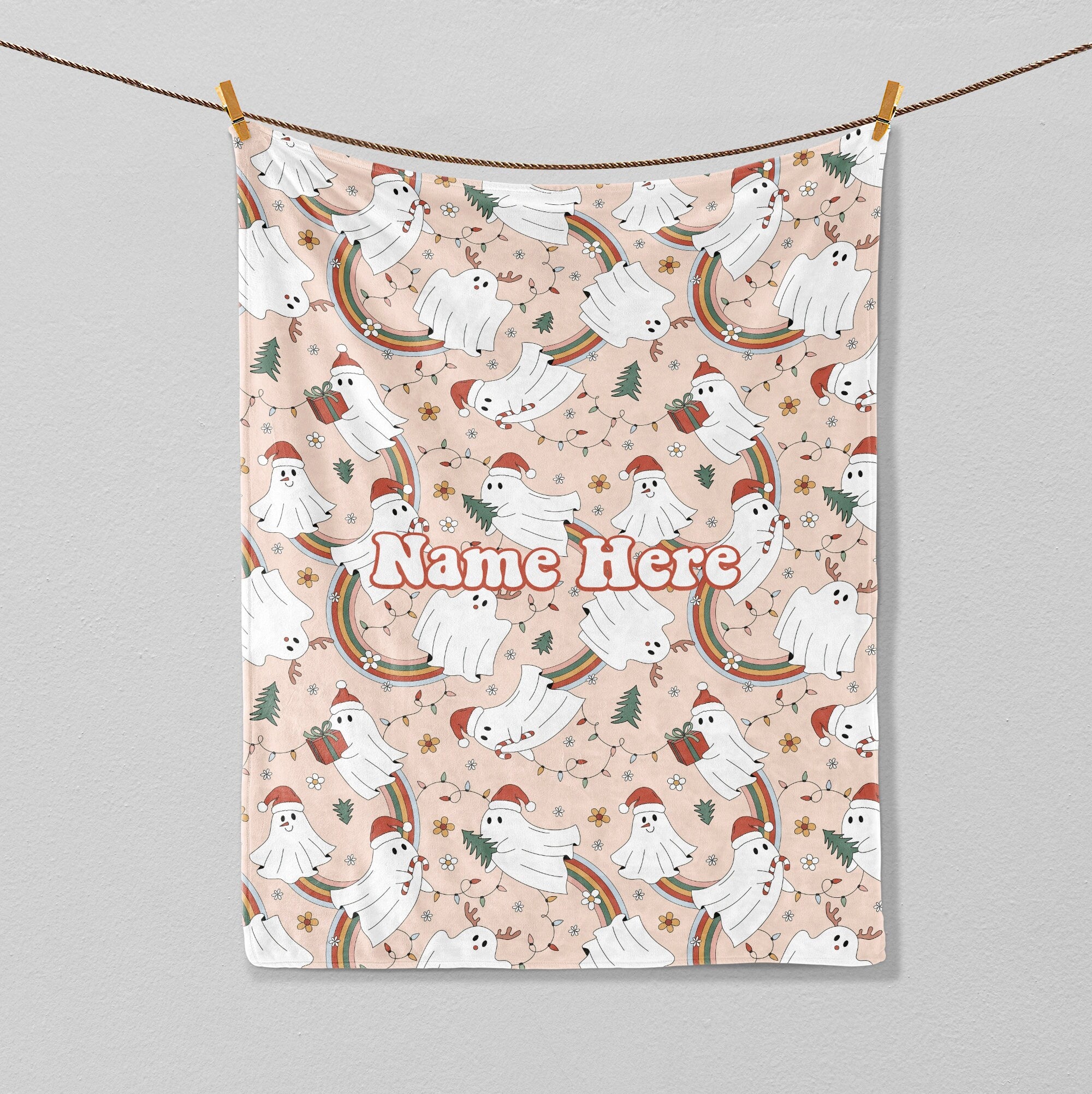 Petmytshirt Christmas Ghost Blanket Ghost Santa Blanket Custom Name Retro Blanket Christmas Gift