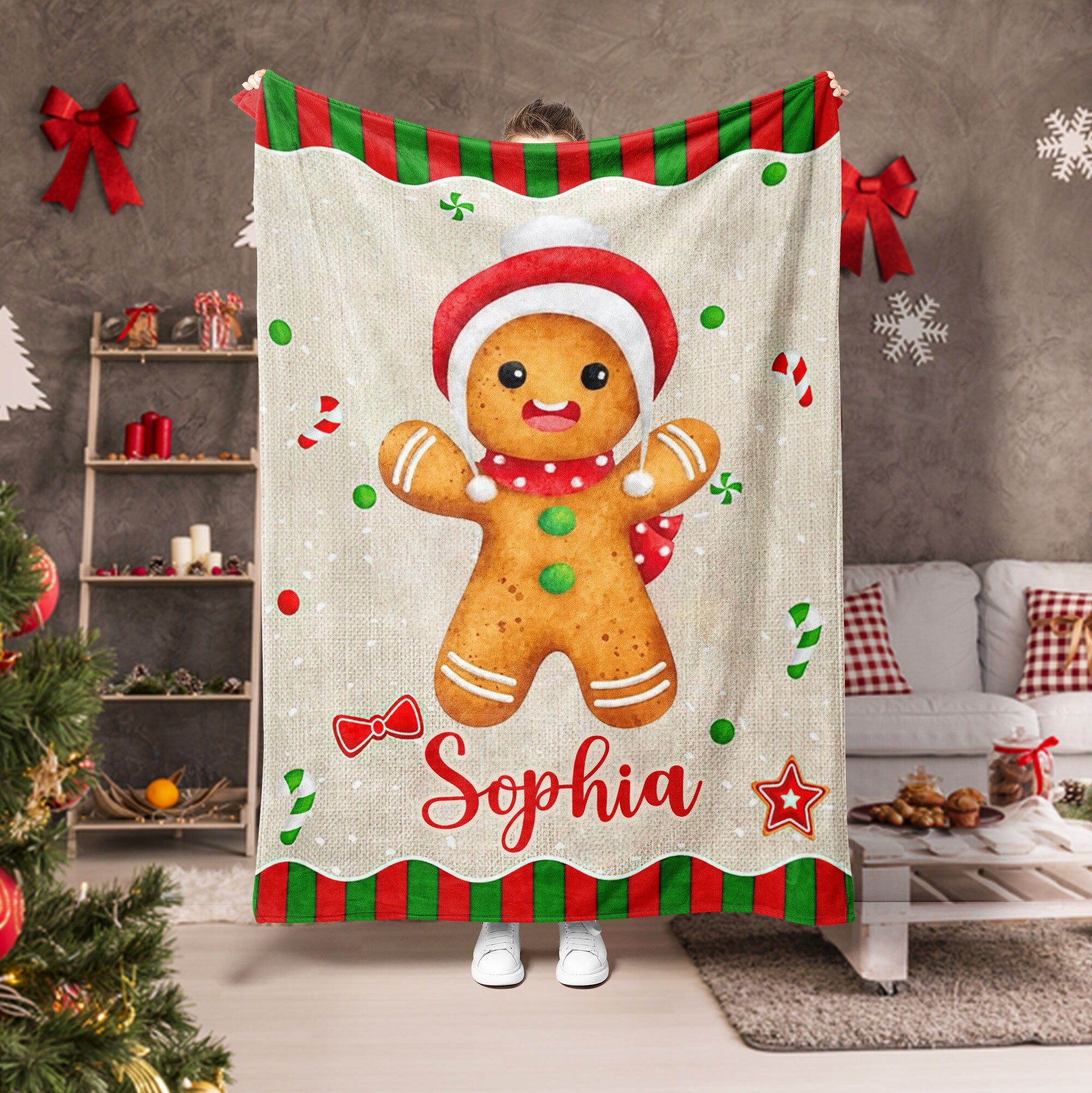 Petmytshirt Christmas Blanket Gingerbread Blanket Custom Name Soft Cozy Sherpa Fleece Throw Blanket Chrismas Gift for Daughter Kids