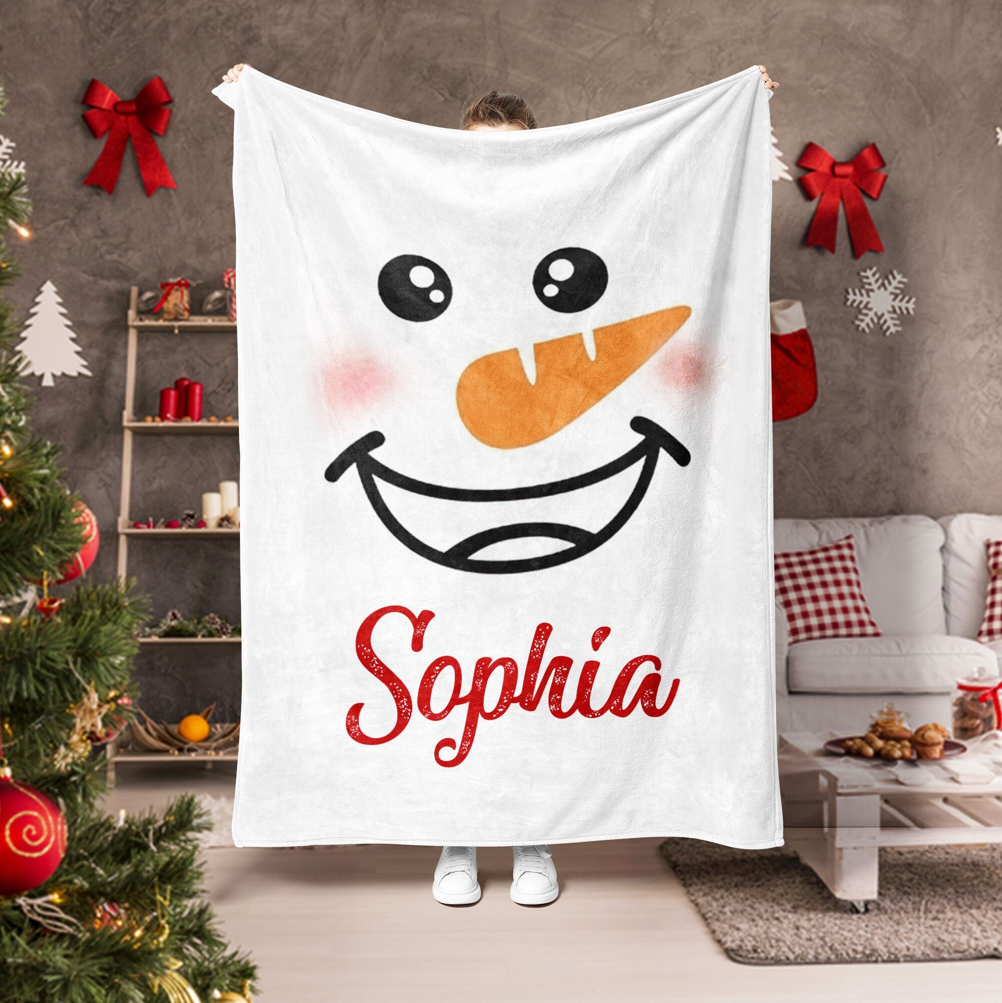 Petmytshirt Christmas Blanket Snowman Blanket Custom Name Holiday Gift for Grandma Mom Daughter