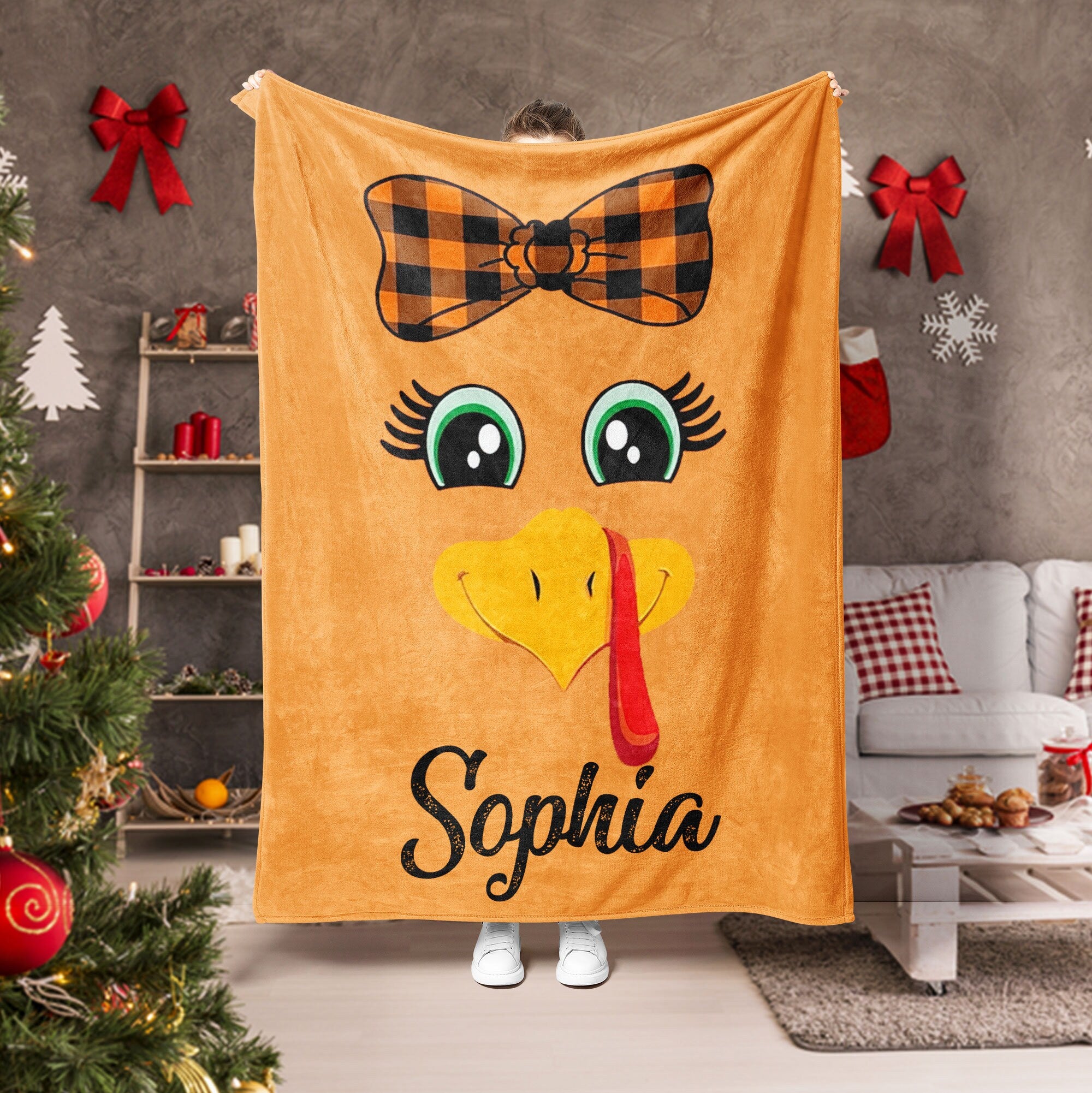 Petmytshirt Thanksgiving Blanket Turkey Blanket Custom Name Fall Gift for Grandma Mom Daughter