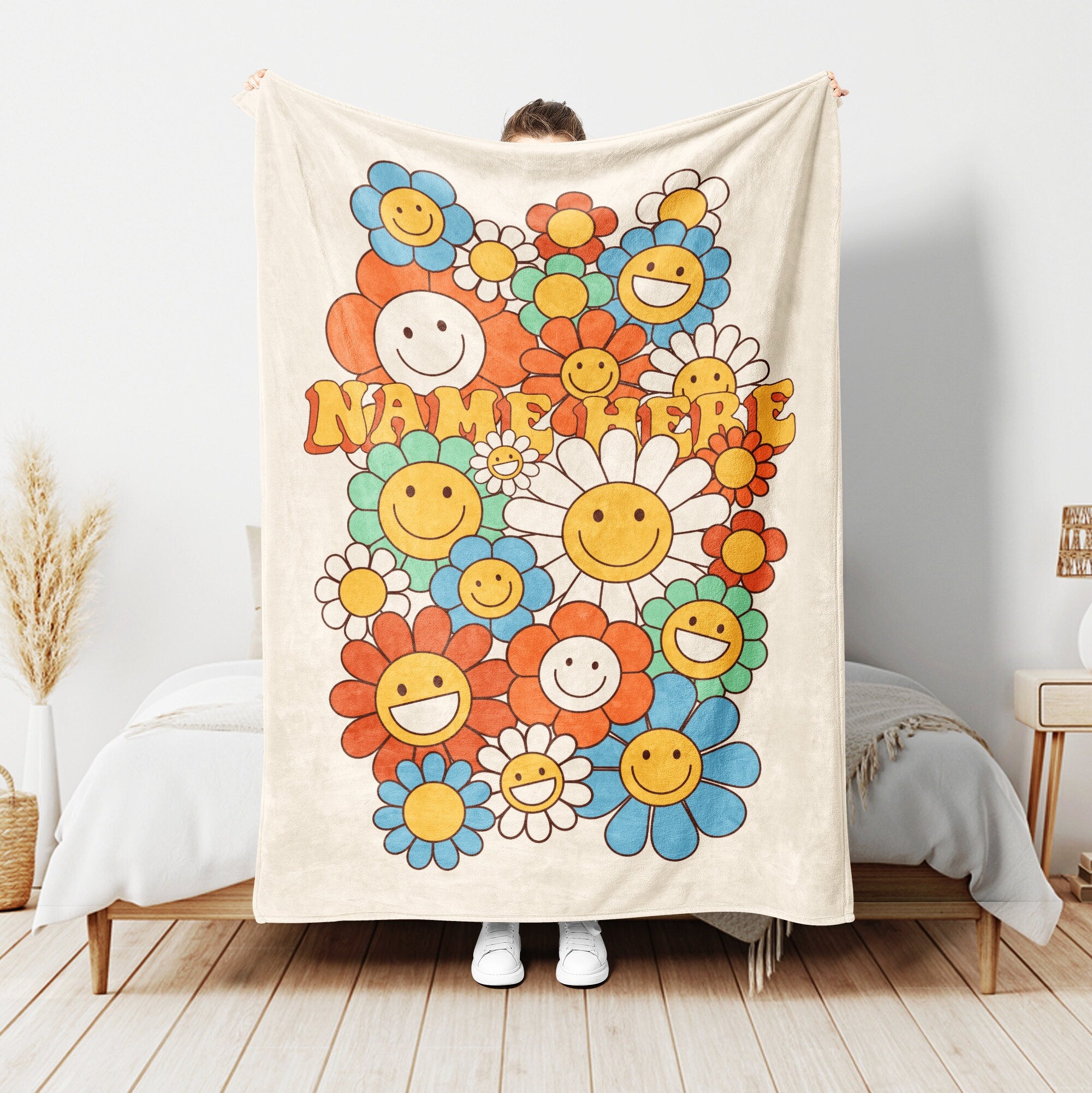 Petmytshirt Happy Daisy Blanket Groovy Hippie 70s Blanket Custom Name Retro Style Gift for Her
