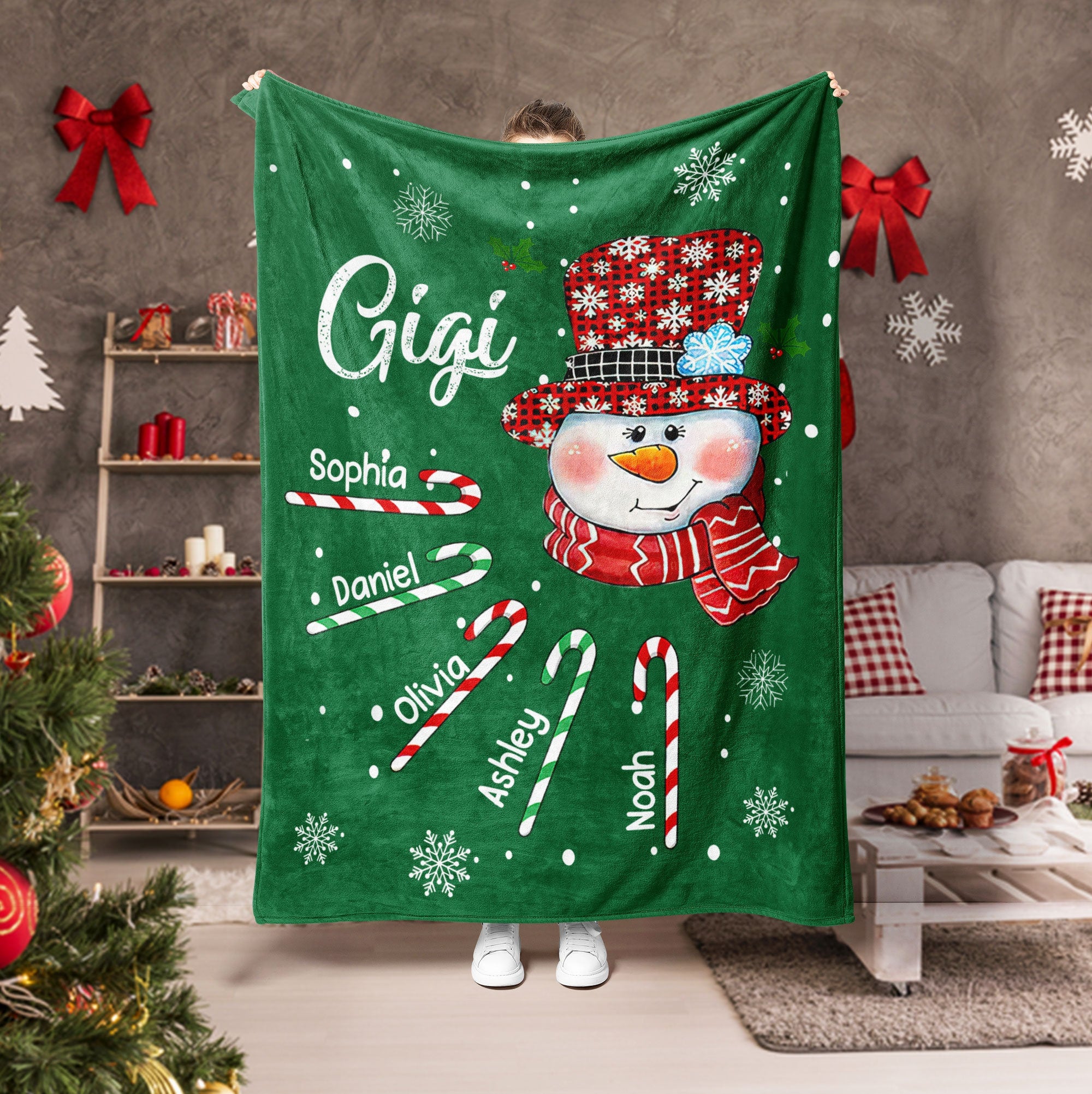Petmytshirt Christmas Grandma Blanket Snowman Nana Blanket Custom Kid's Name Soft Cozy Sherpa Fleece Throw Blanket Gift for Grandma Mom