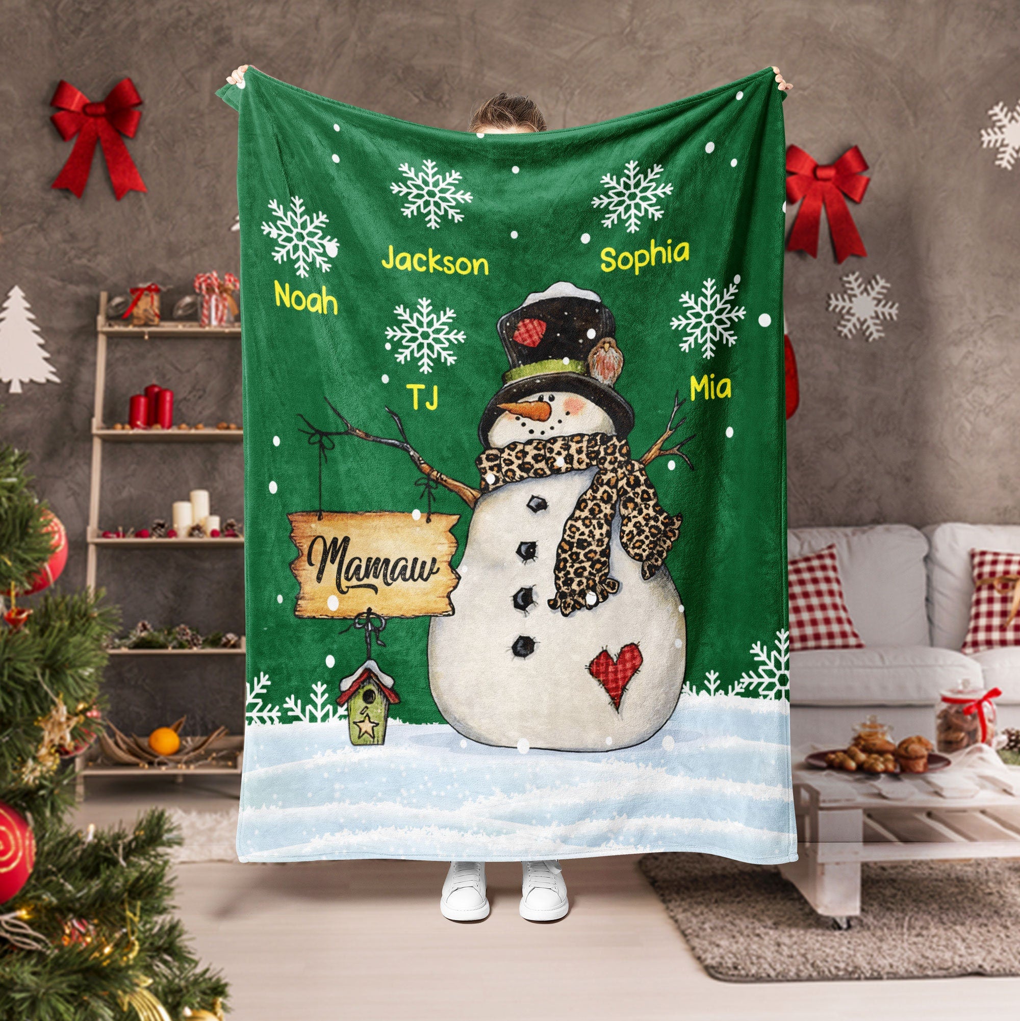 Petmytshirt Christmas Grandma Blanket Snowman Blanket Custom Kid's Name for Grandma Mom