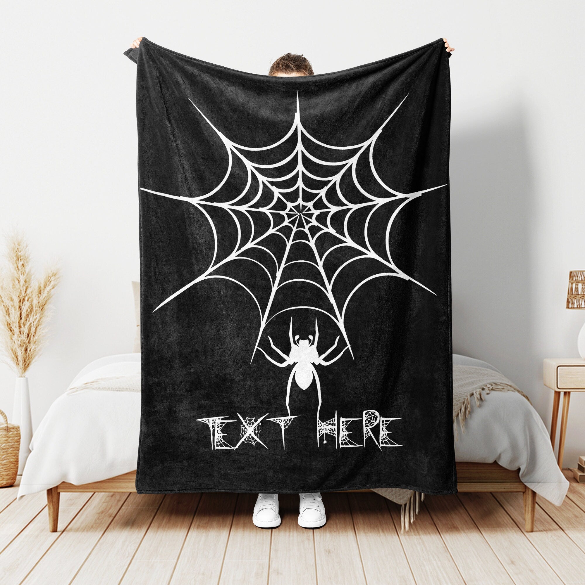 Petmytshirt Spiderweb Blanket Halloween Blanket Custom Name Soft Cozy Sherpa Fleece Throw Blanket Gothic Halloween Gift