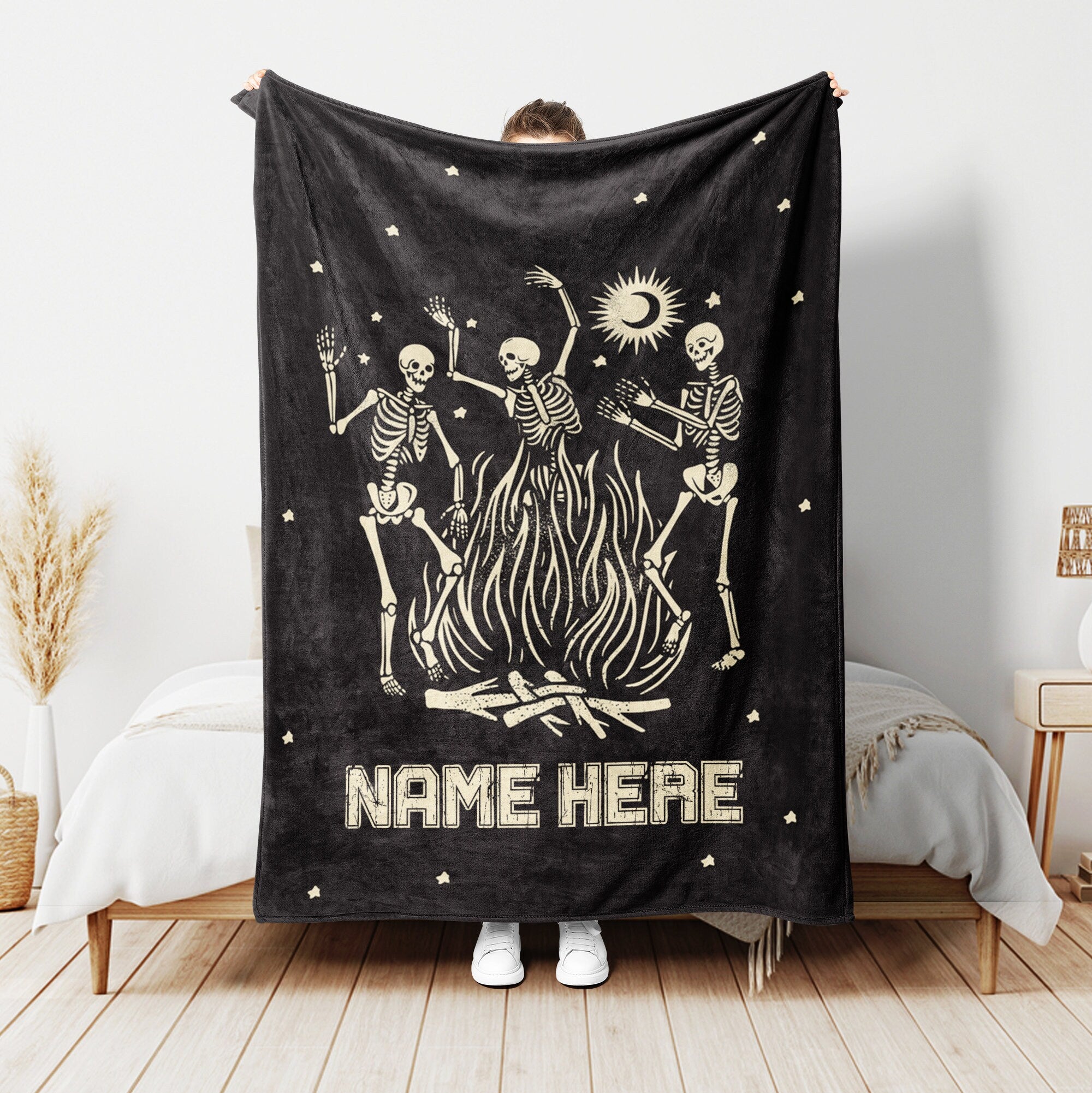 Petmytshirt Skeleton Blanket Skeleton Dancing Blanket Custom Name Soft Cozy Sherpa Fleece Throw Blanket Gothic Halloween Gift