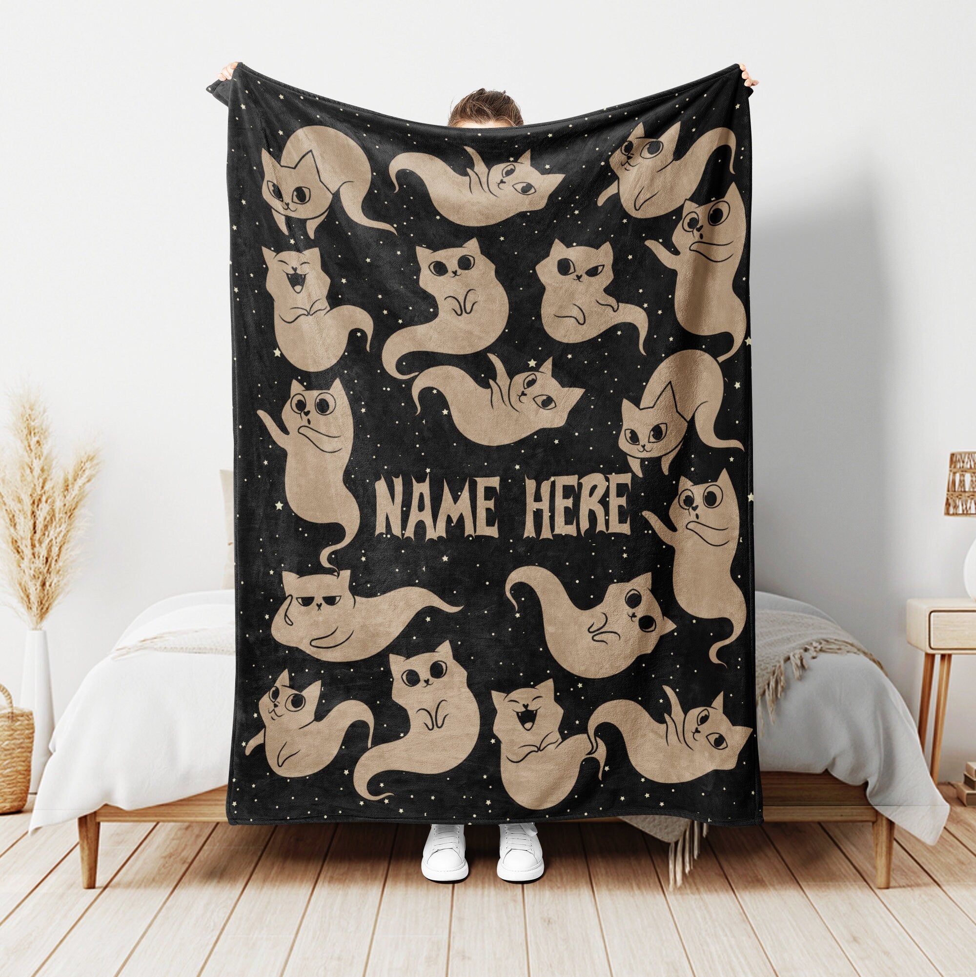 Petmytshirt Cat Ghost Blanket Custom Name Soft Cozy Sherpa Fleece Throw Blanket Halloween Gift for Cat Mom Cat Dad Cat Lover