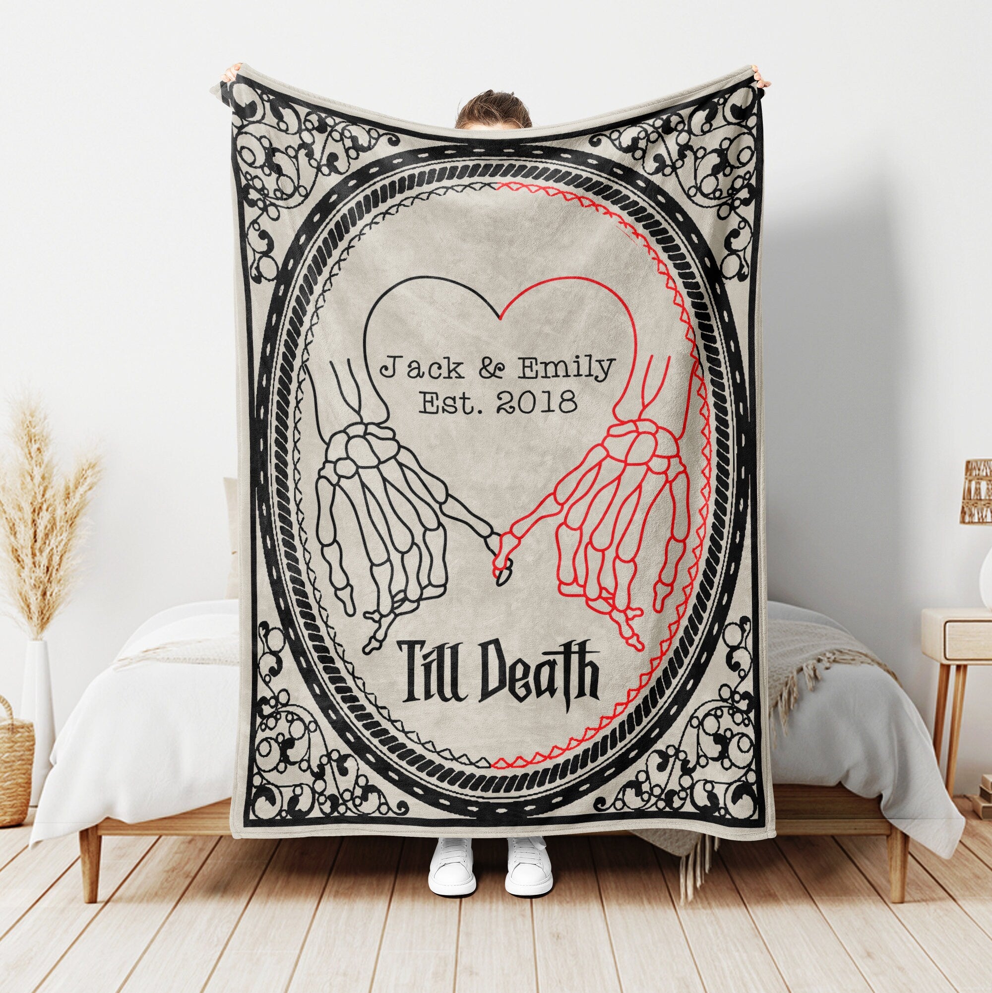 Petmytshirt Skeleton Couple Blanket Halloween Wedding Blanket Custom Name Soft Cozy Sherpa Fleece Throw Blanket Gothic Halloween Gift