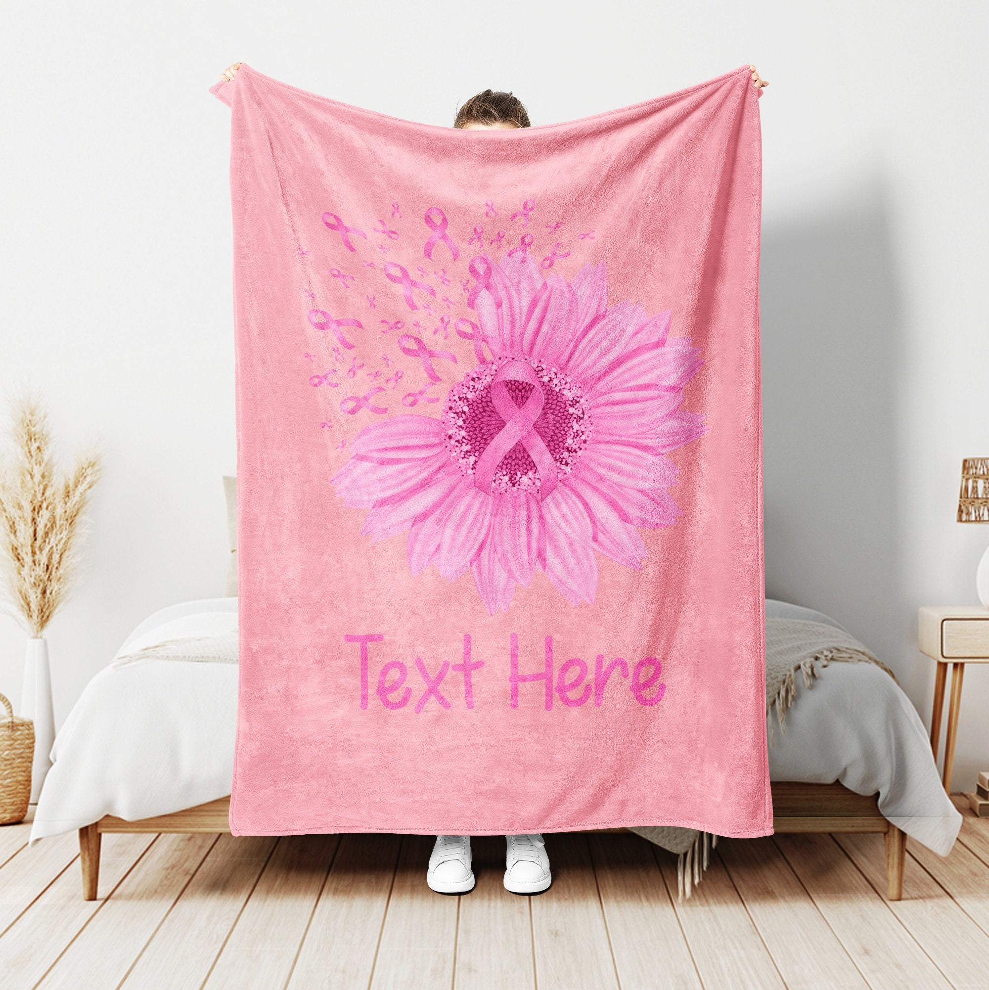 Petmytshirt Breast Cancer Blanket Pink Sunflower Blanket Custom Soft Sherpa Fleece Throw Blanket Get Well Soon Gift for Mom Sister Her