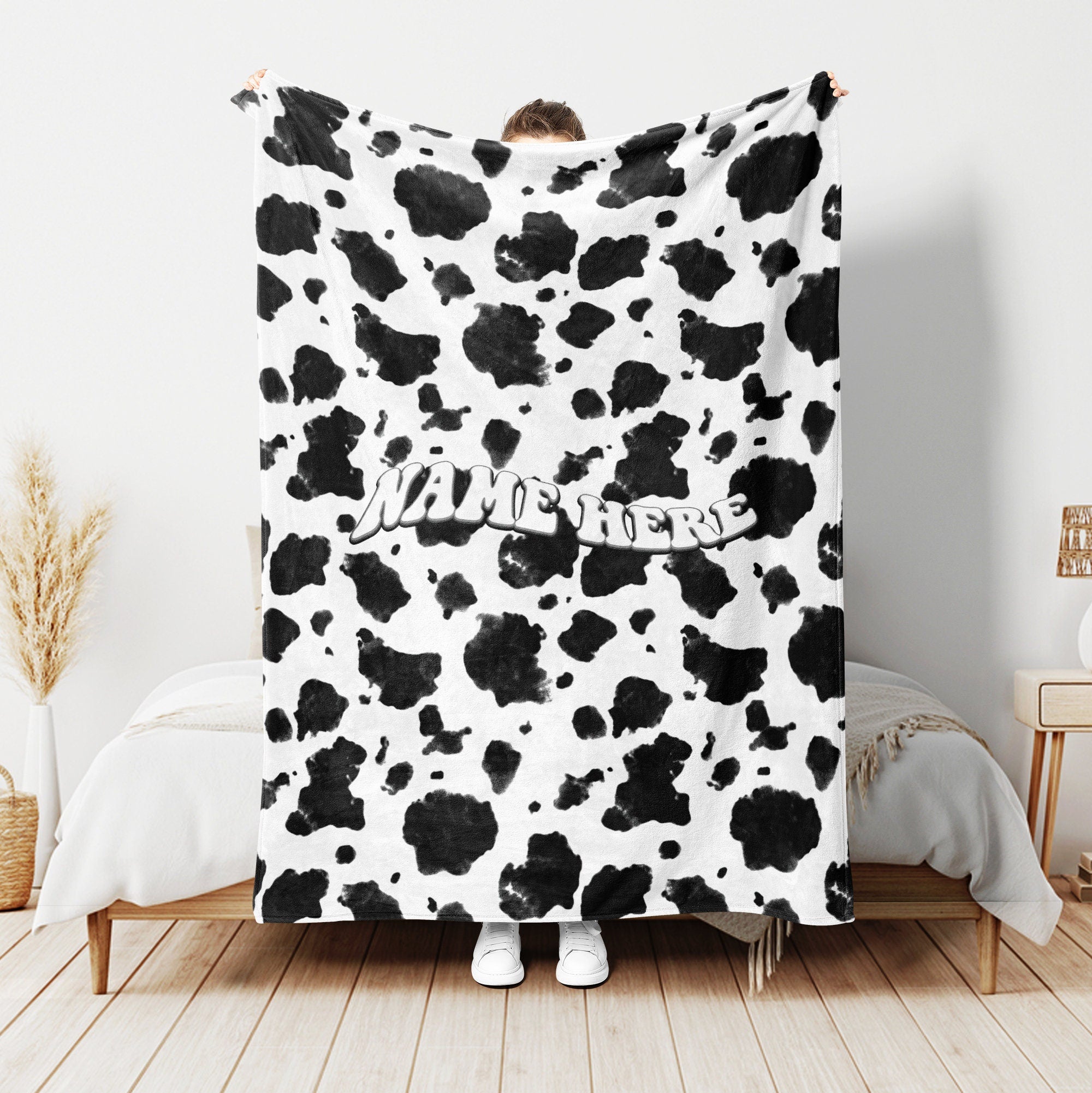 Petmytshirt Cow Blanket Cow Print Blanket Custom Name Gift for Cow Lover