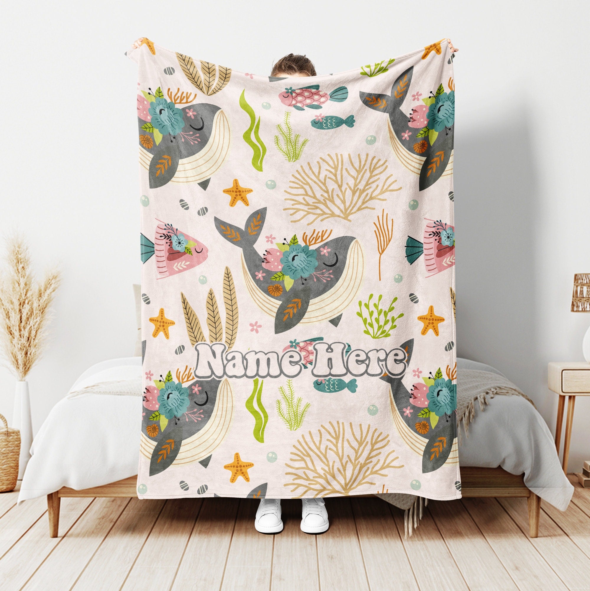 Petmytshirt Whale Blanket Whale Fish And Flower Blanket Custom Name Gift for Whale Lover