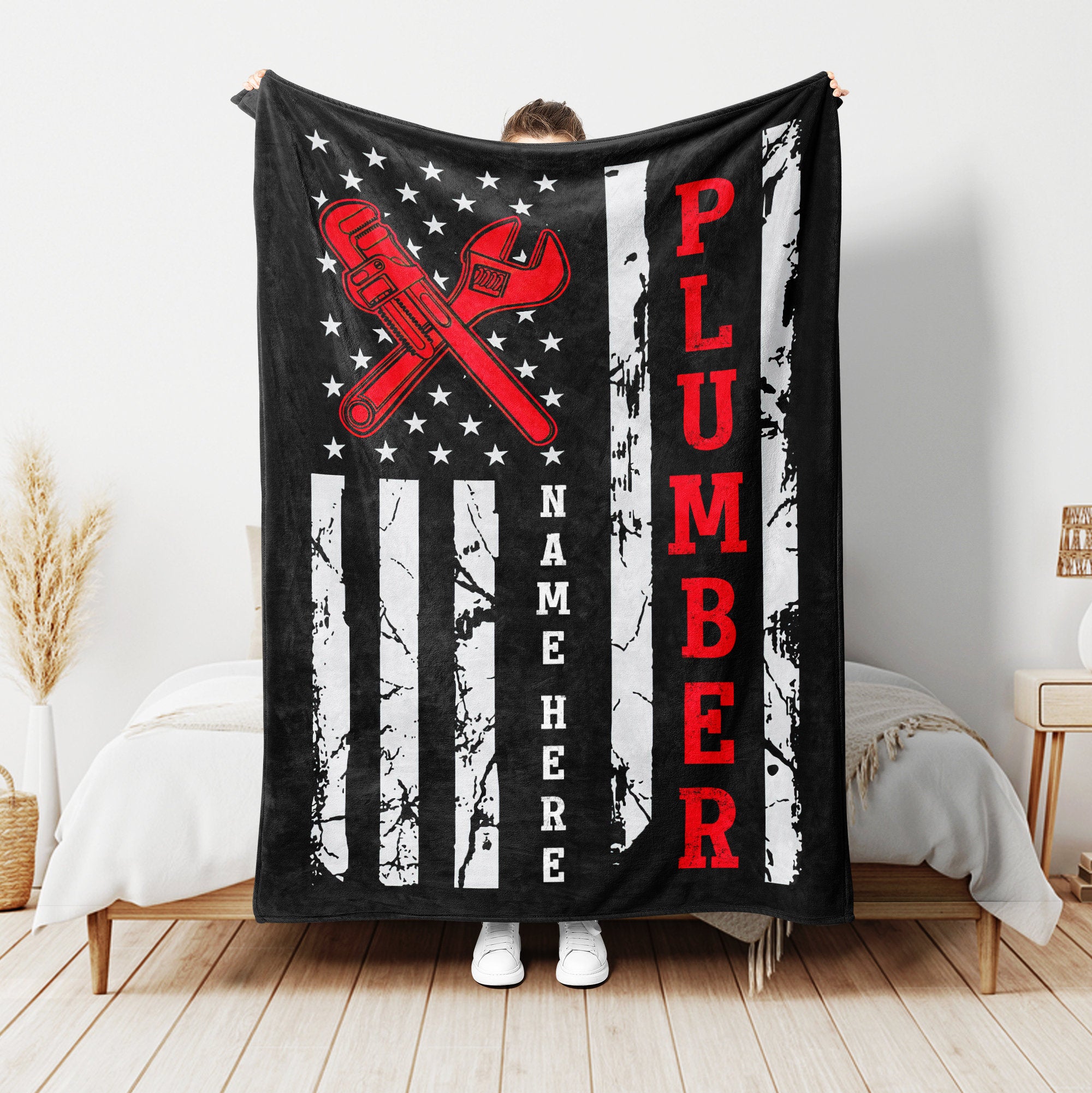 Petmytshirt Plumber Blanket US Flag Blanket Custom Name Gift For Dad Husband Boyfriend Son