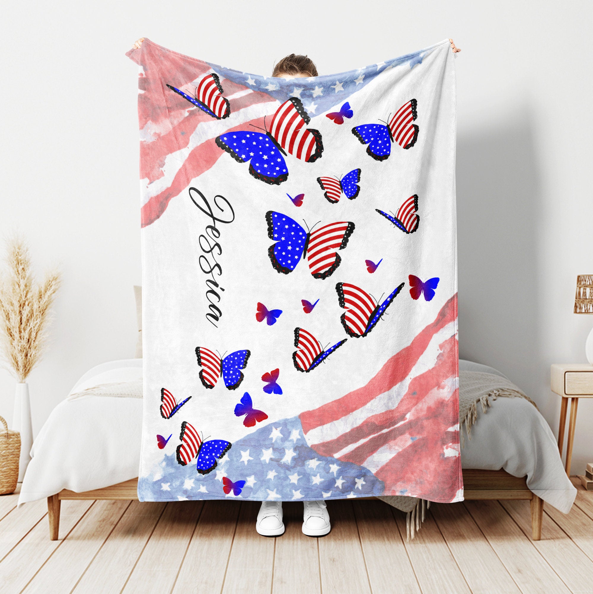 Petmytshirt Butterfly Blanket Butterflies US Flag Blanket Custom 4th of July Soft Sherpa Fleece Throw Blankets Independence Day Gift