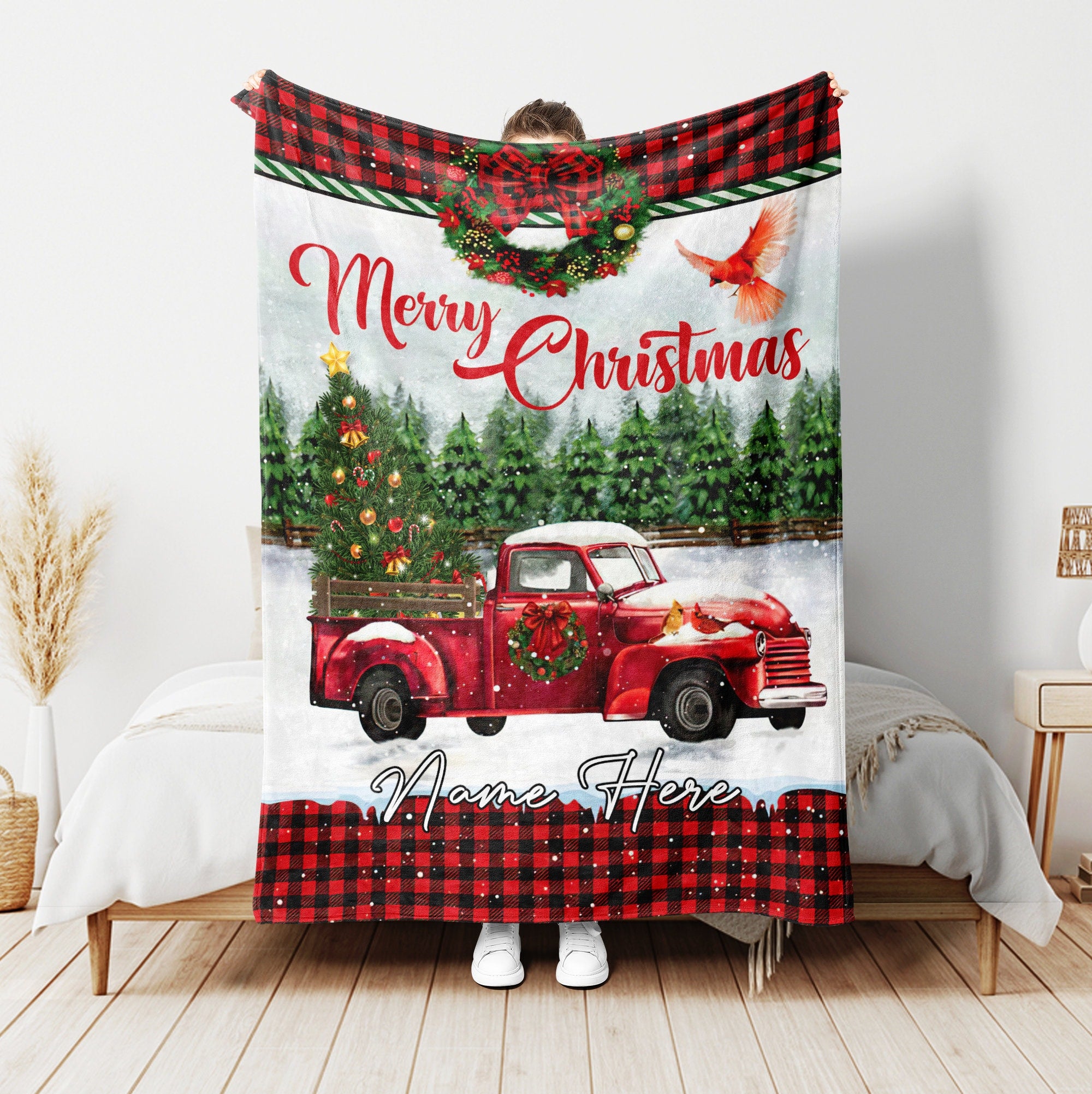 Petmytshirt Red Truck Blanket Red Buffalo Plaid Xmas Blanket Custom Name Christmas Gift