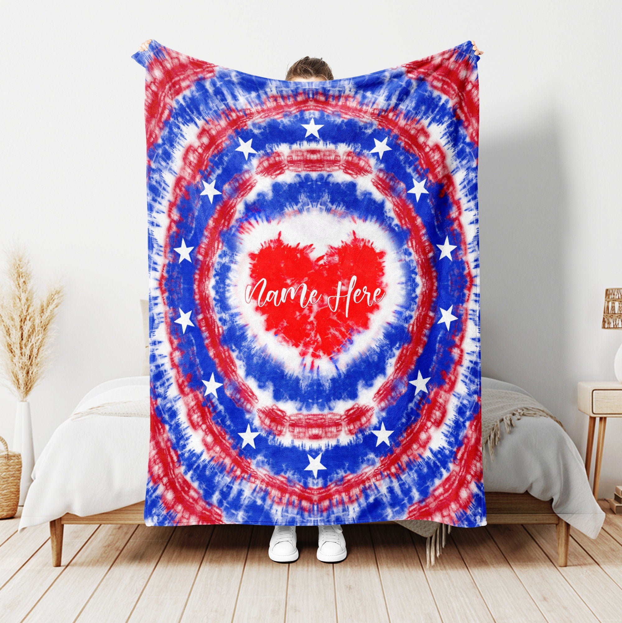 Petmytshirt US Flag Tie Dye Blanket Red White And Blue Blanket Custom 4th of July Soft Sherpa Fleece Throw Blankets Independence Day Gift