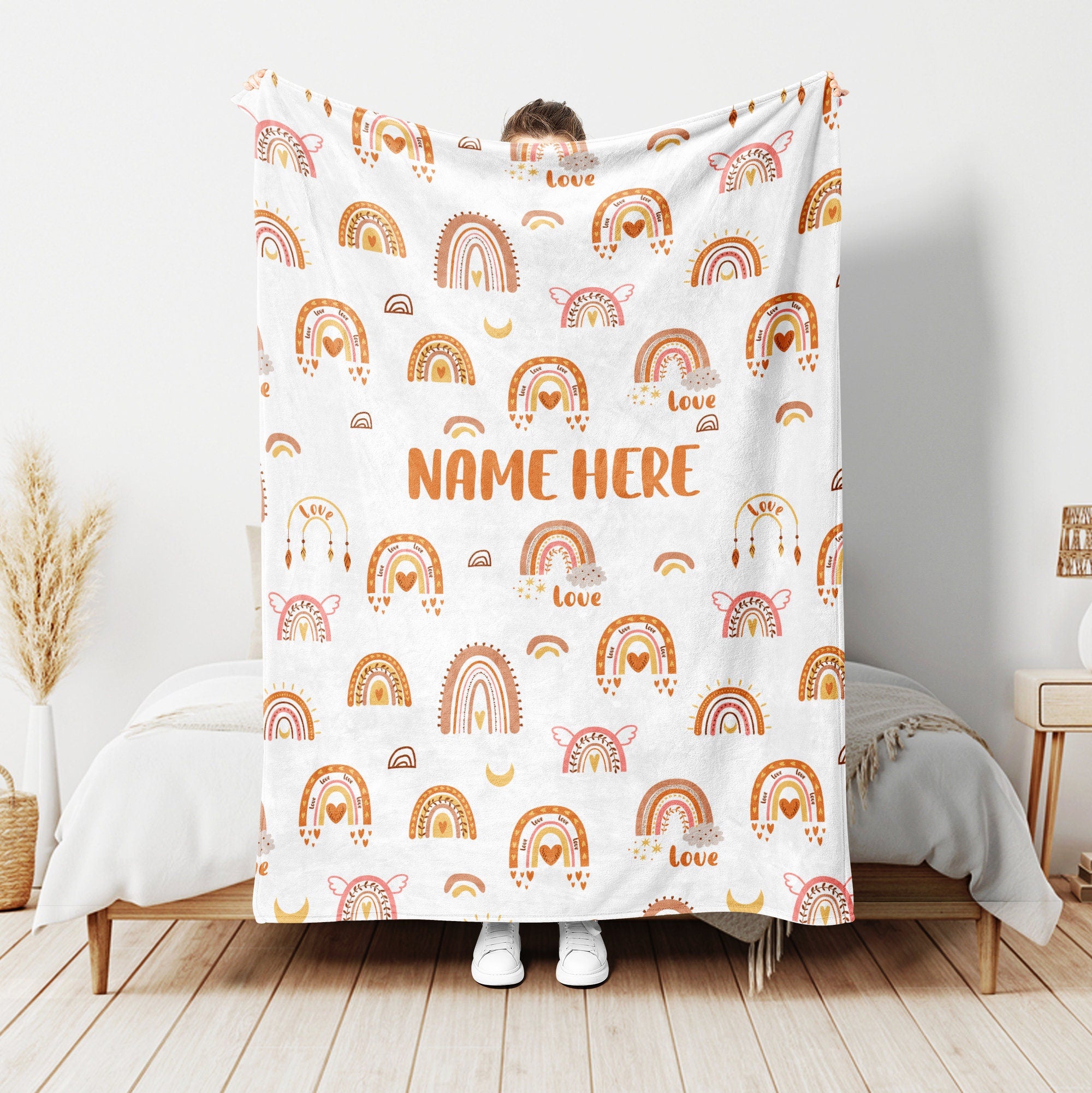 Petmytshirt Rainbow Blanket Boho Rainbow Blanket Custom Name Gift for Daughter Girl Kid Baby