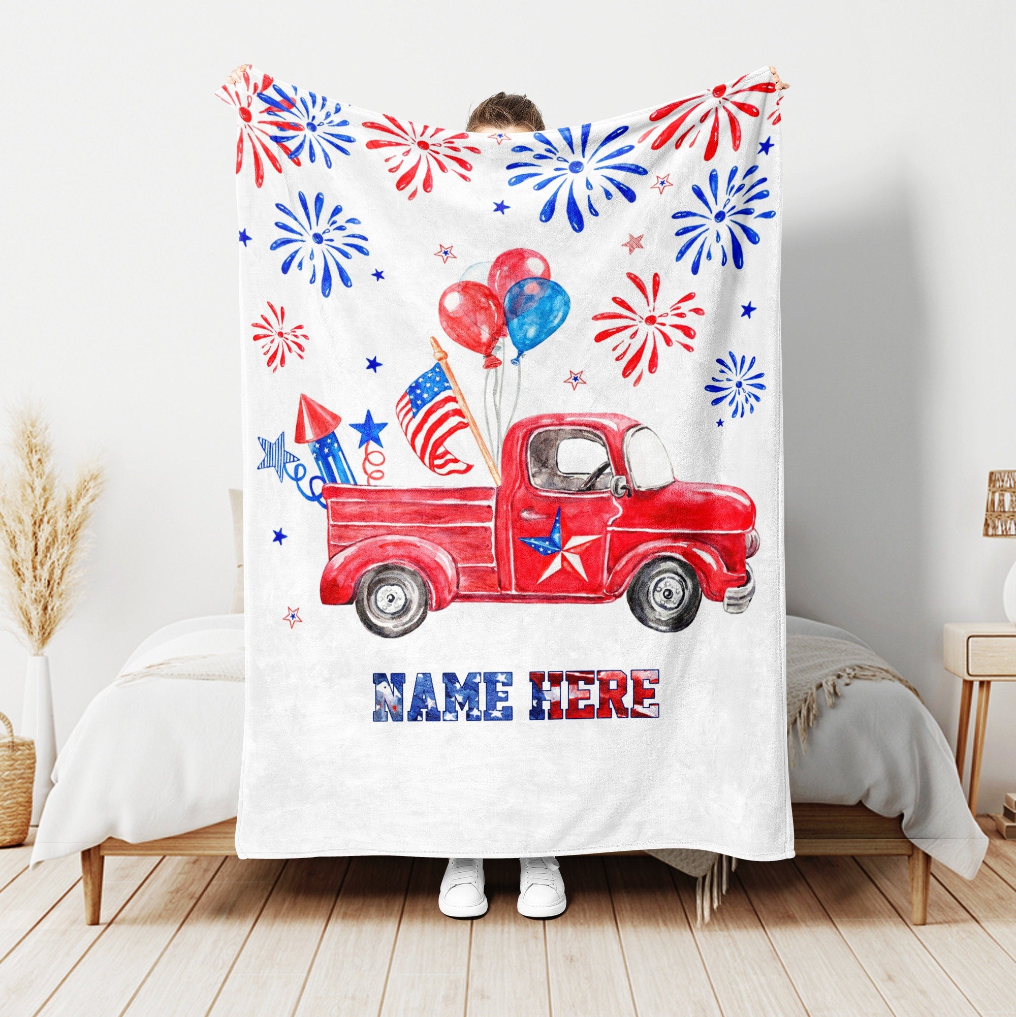 Petmytshirt Patriotic 4th of July Truck Blanket Red Truck And US Flag Blanket