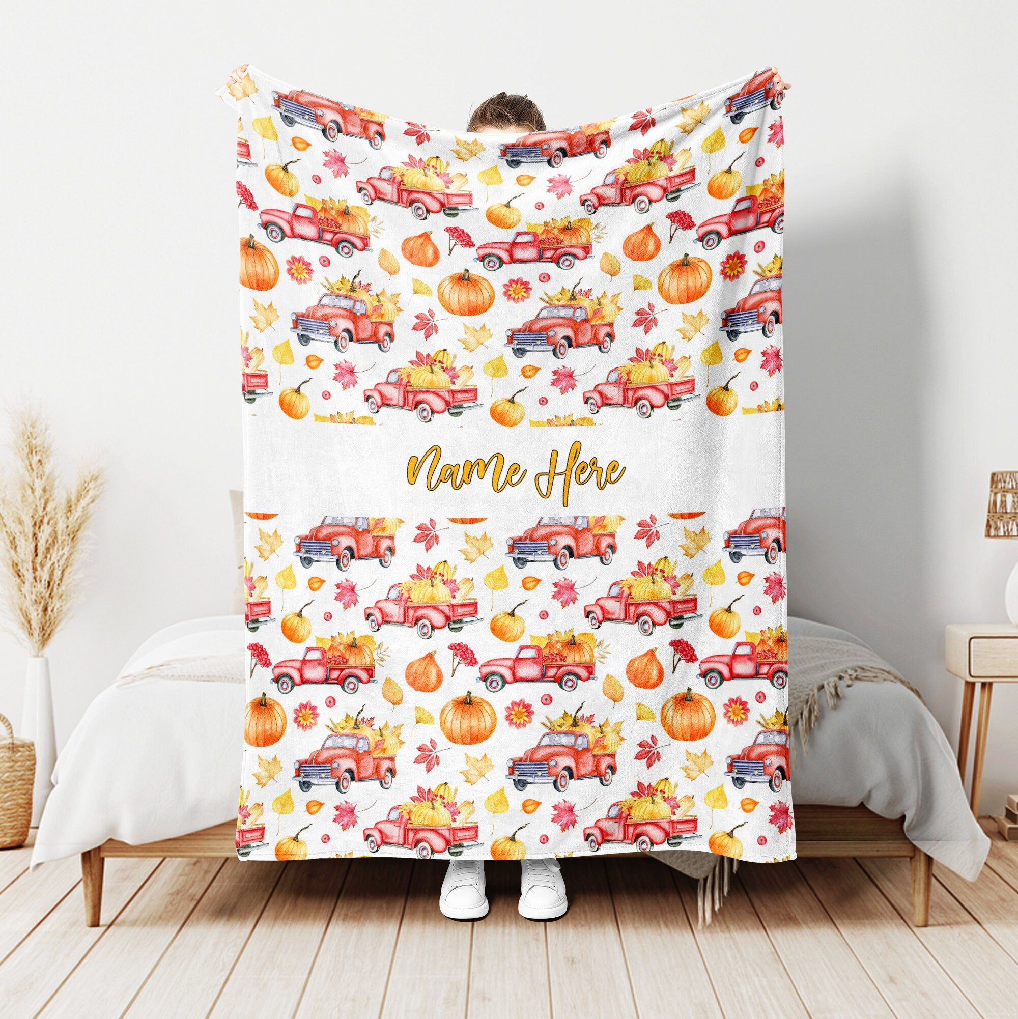 Petmytshirt Autumn Blanket Fall Pumpkin Truck Blanket Custom Name Gift for Mom Daughter Kid
