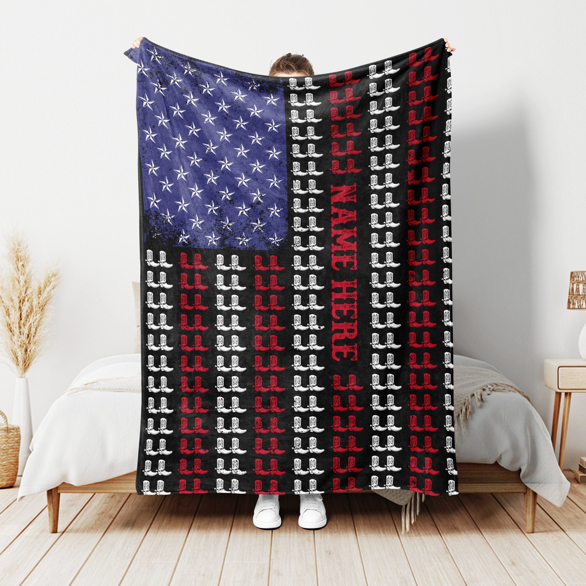 Petmytshirt Cowboy Blanket Cowboy Boots US Flag Blanket Custom 4th of July Independence Day Gift