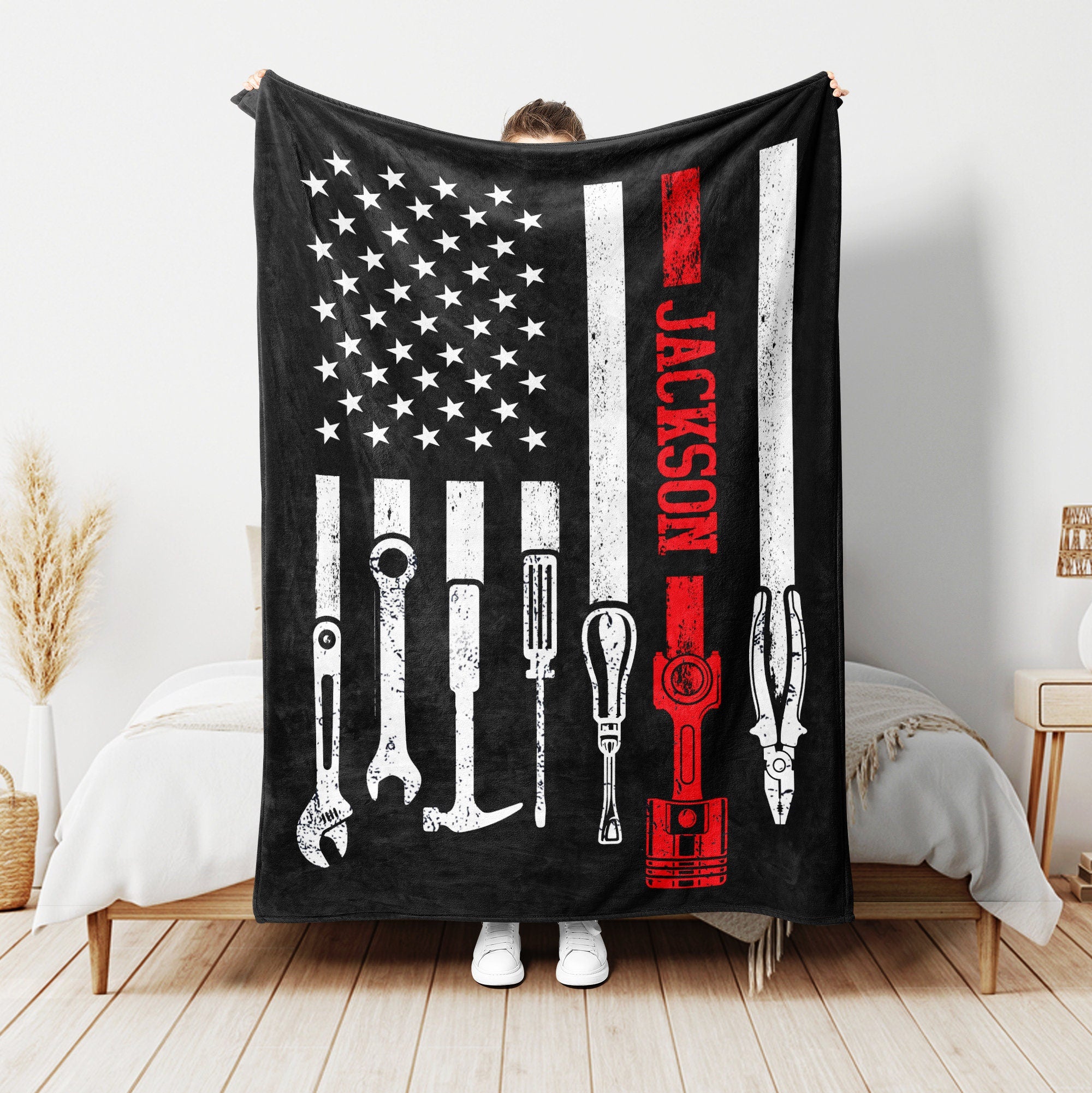 Petmytshirt Mechanic Blanket US Flag Blanket Custom Name Gift For Dad Husband Son Mechanic