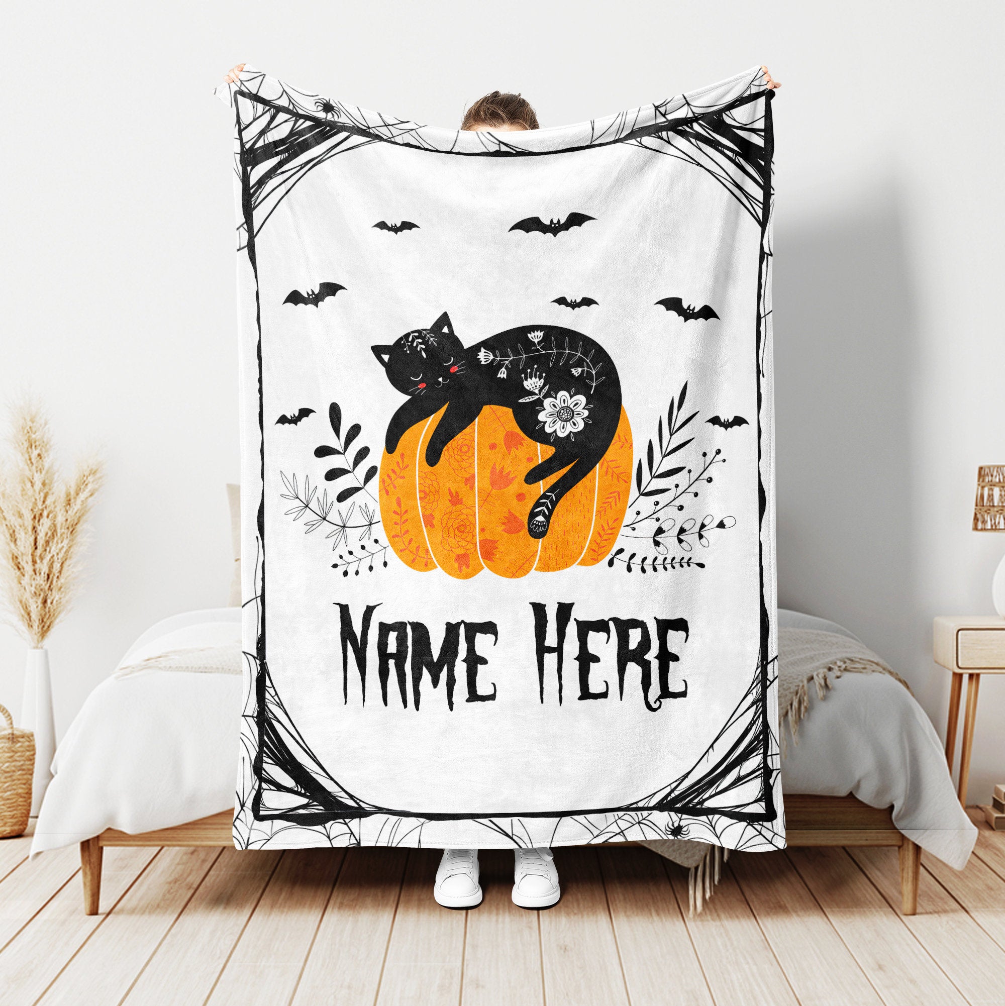 Petmytshirt Black Cat Blanket Black Cat Pumpkin Blanket Custom Name Halloween Gift for Cat Lover
