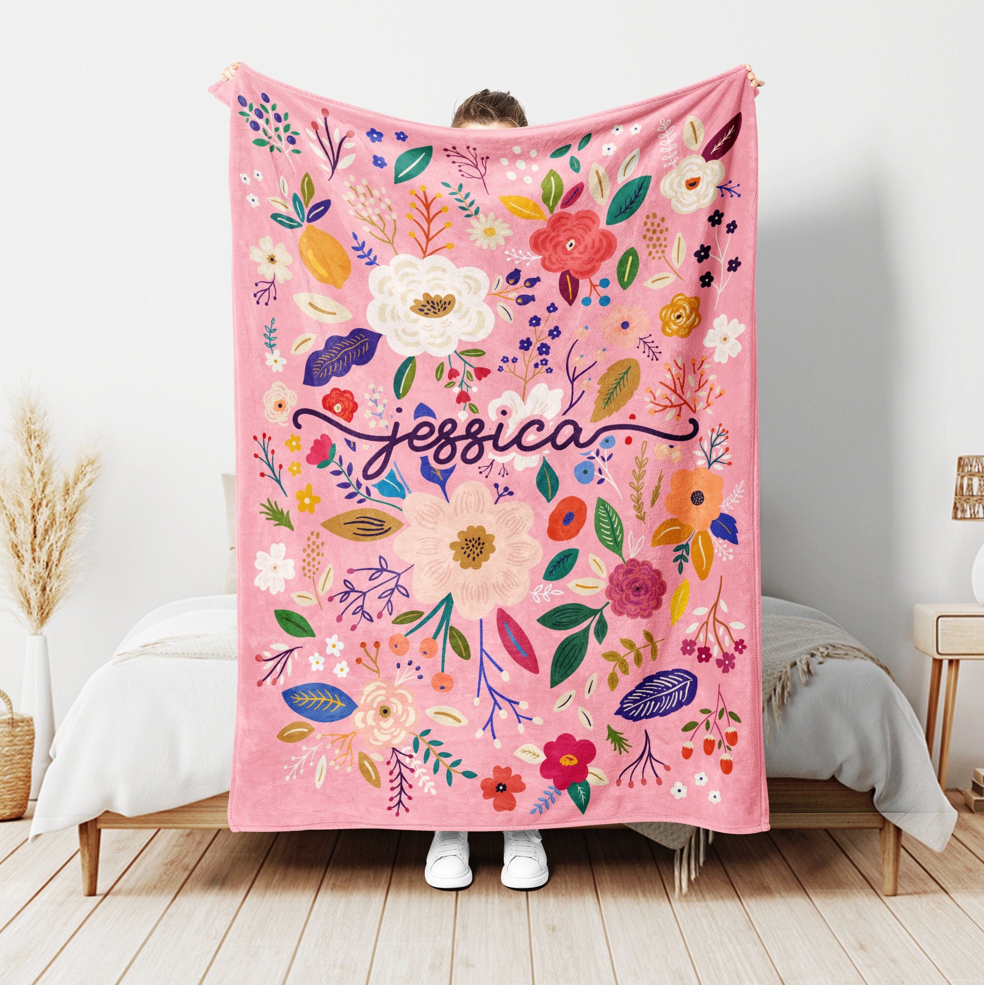 Petmytshirt Wildflower Blanket Floral Blanket Custom Name Soft Sherpa Fleece Throw Blankets Gift For Mom Wife Girlfriend Daughter