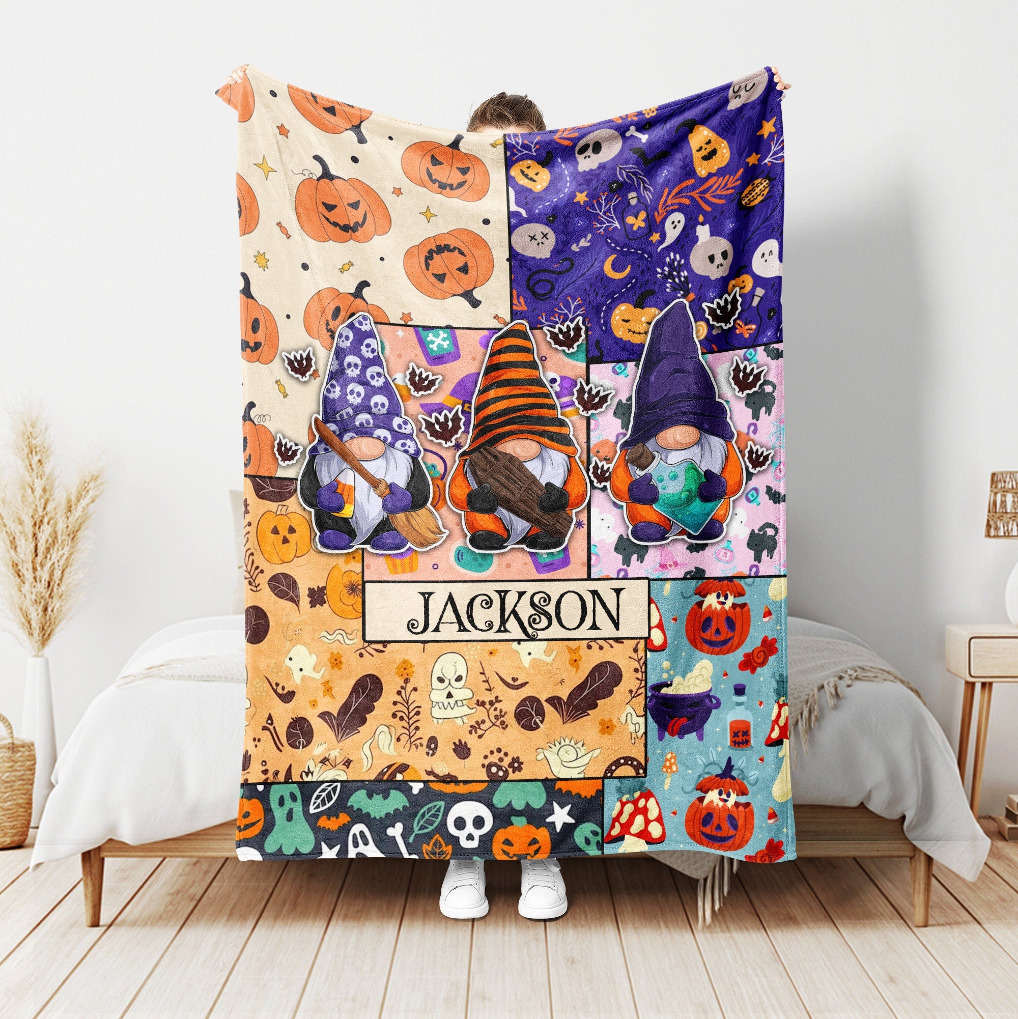 Petmytshirt Halloween Gnomes Blanket Spooky Gnome Blanket Custom Name Fall Gift Halloween Gift