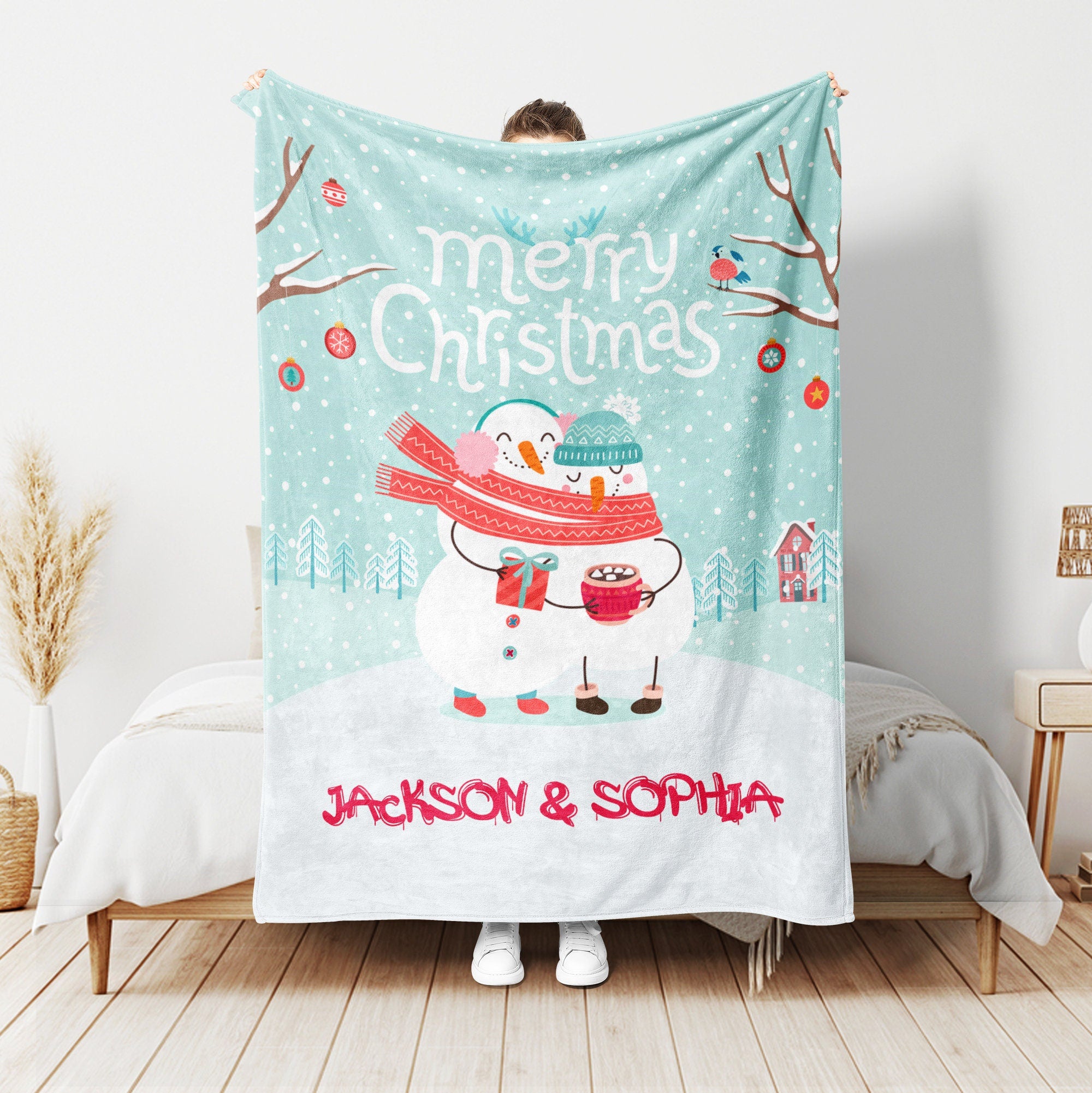 Petmytshirt Christmas Snowman Blanket Snowman Couple Blanket Custom Name Soft Cozy Sherpa Fleece Throw Blanket Christmas Gift for Couple