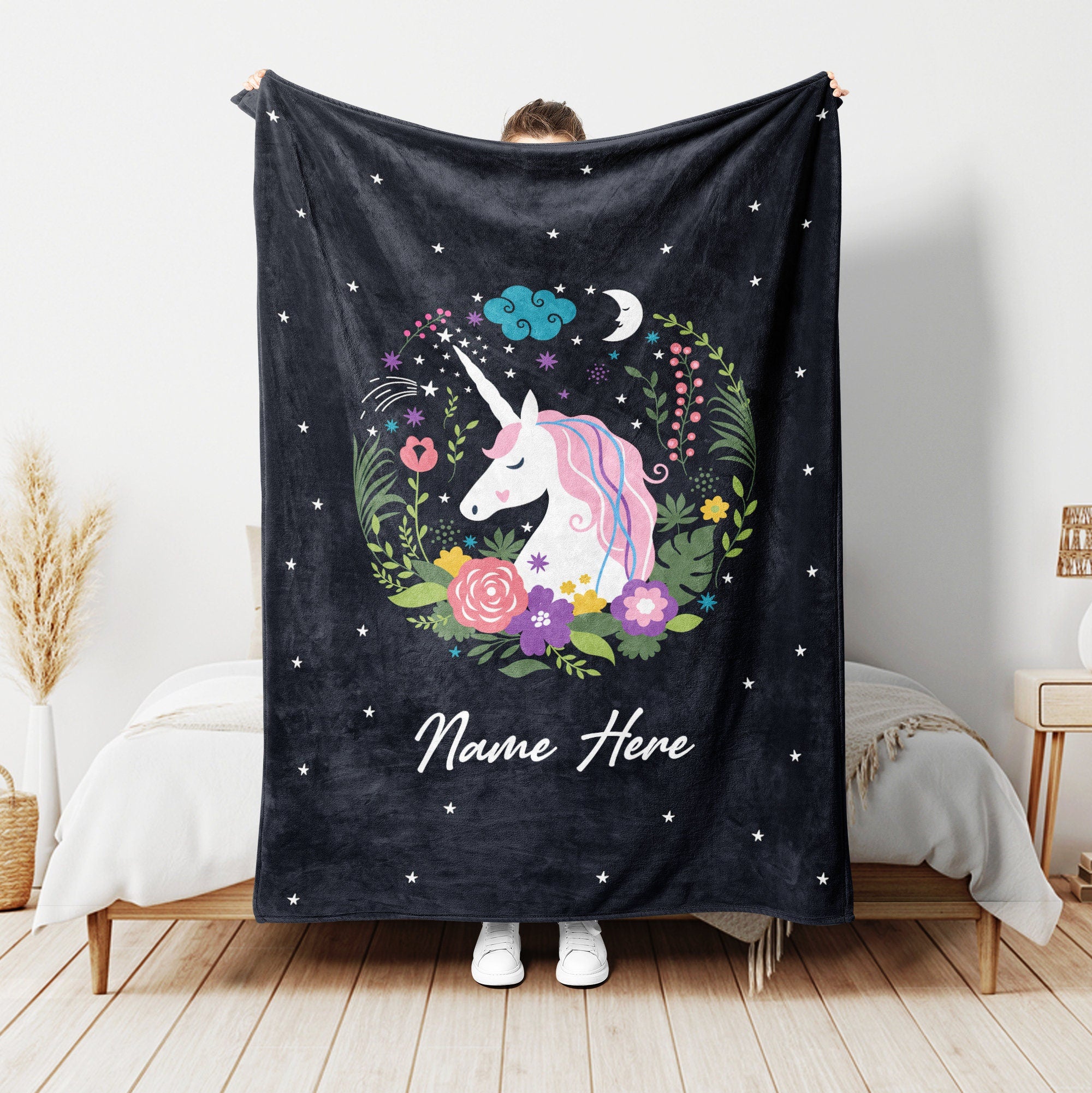 Petmytshirt Unicorn Blanket Unicorn And Flower Blanket Custom Name Gift for Unicorn Lover Daughter