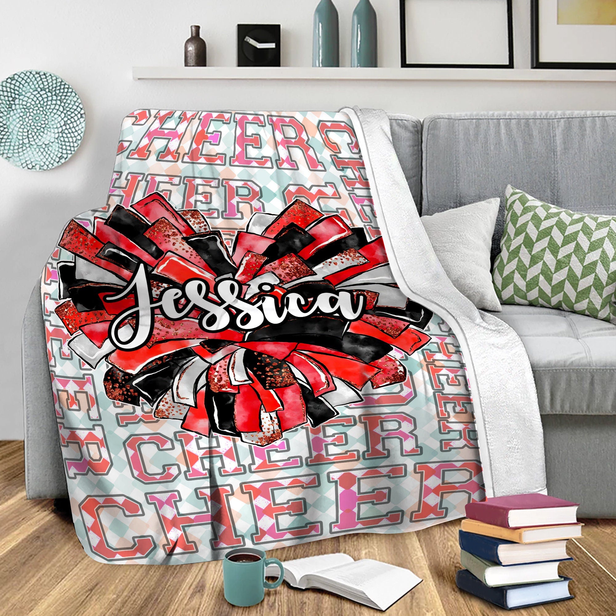 Petmytshirt Cheerleading Blanket Cheer Pom Poms Custom Gift for Cheerleader Daughter Cheer Team