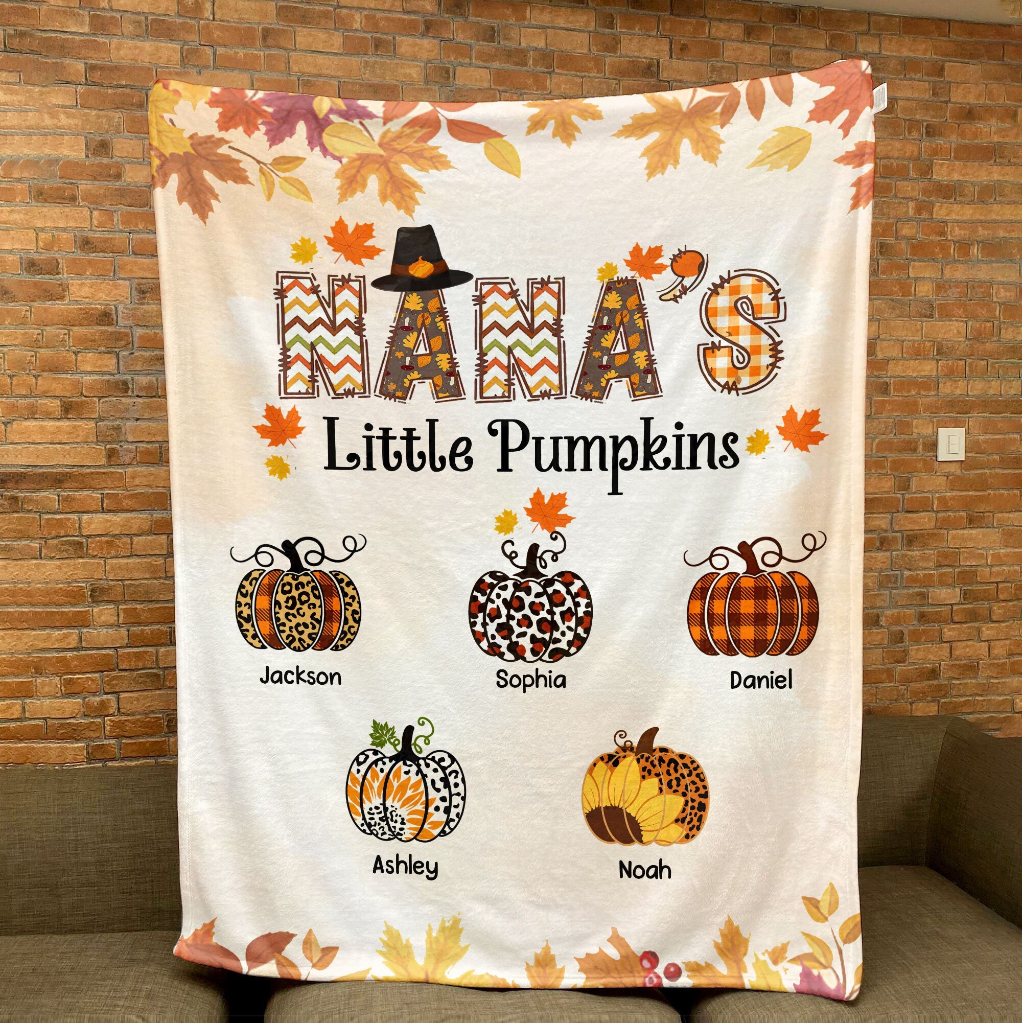 Petmytshirt Grandma Blanket Grandma's Little Pumpkins Blanket Custom Kids Name Soft Sherpa Fleece Throw Blankets Gift for Grandma Mom