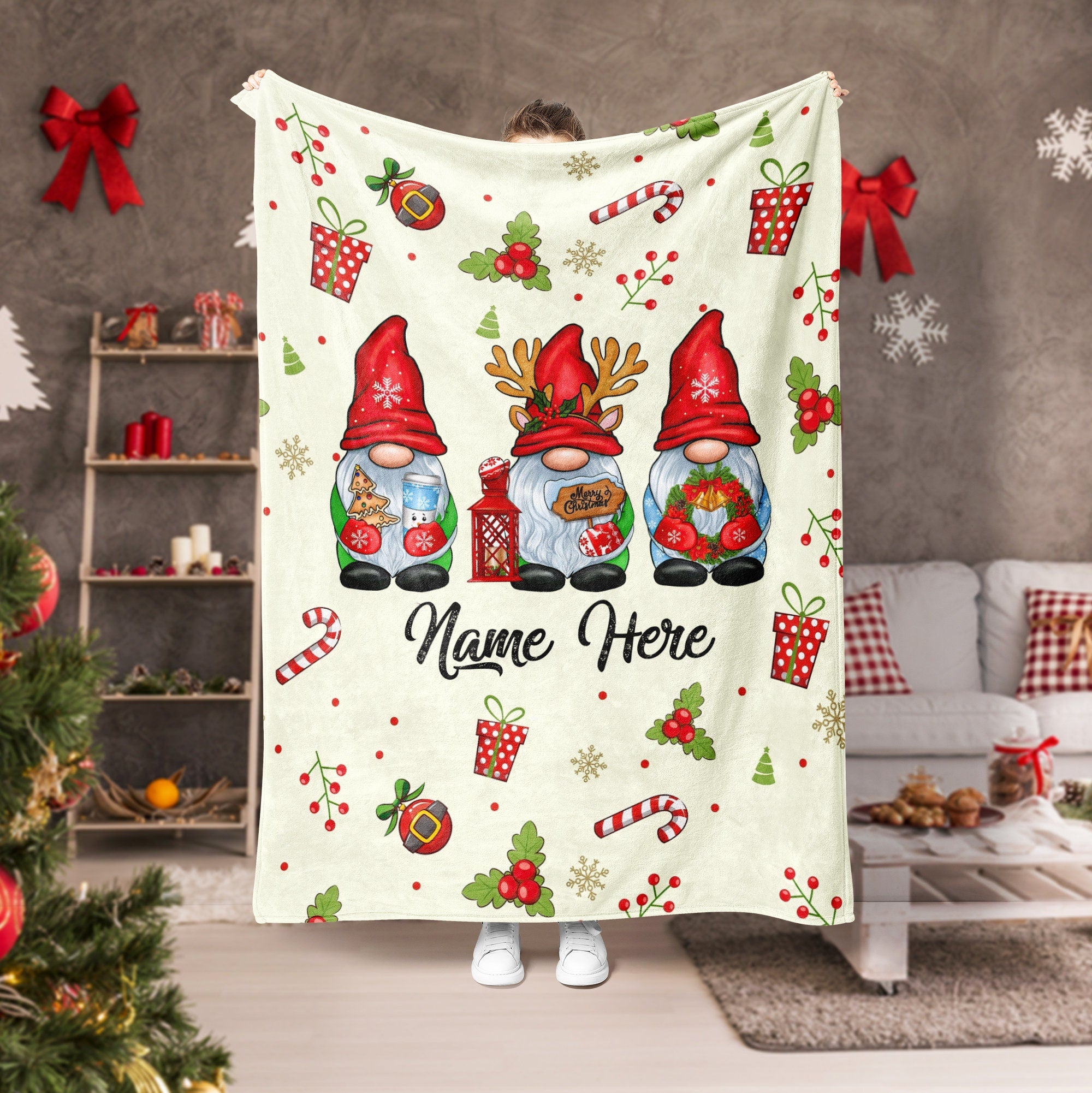 Petmytshirt Gnome Christmas Blanket Gnomes Holiday Blanket Custom Name Soft Cozy Sherpa Fleece Throw Blanket Family Gift Christmas Gift