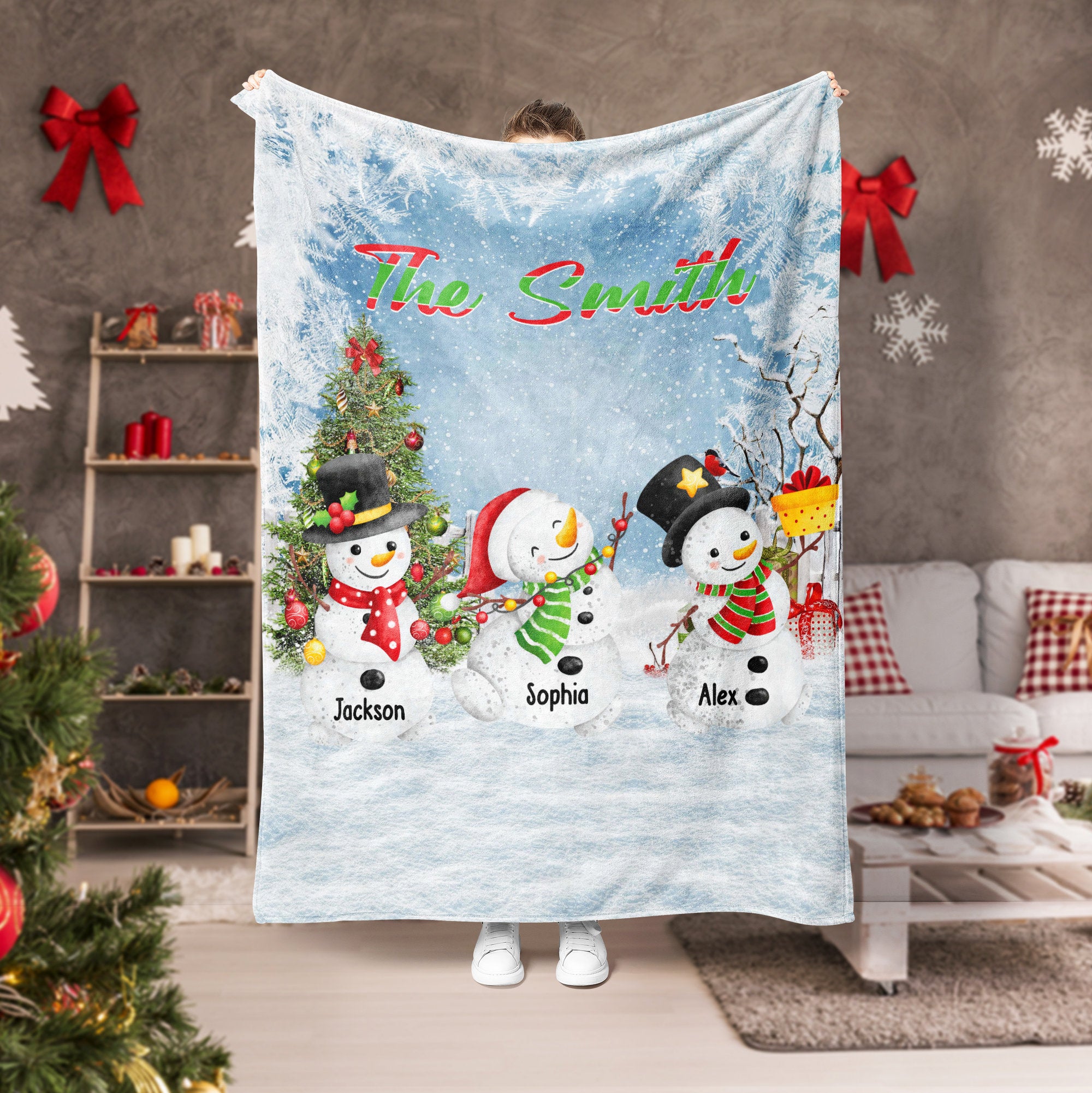 Petmytshirt Christmas Snowman Blanket Snowman Xmas Blanket Custom Name Soft Cozy Sherpa Fleece Throw Blanket Family Gift Christmas Gift