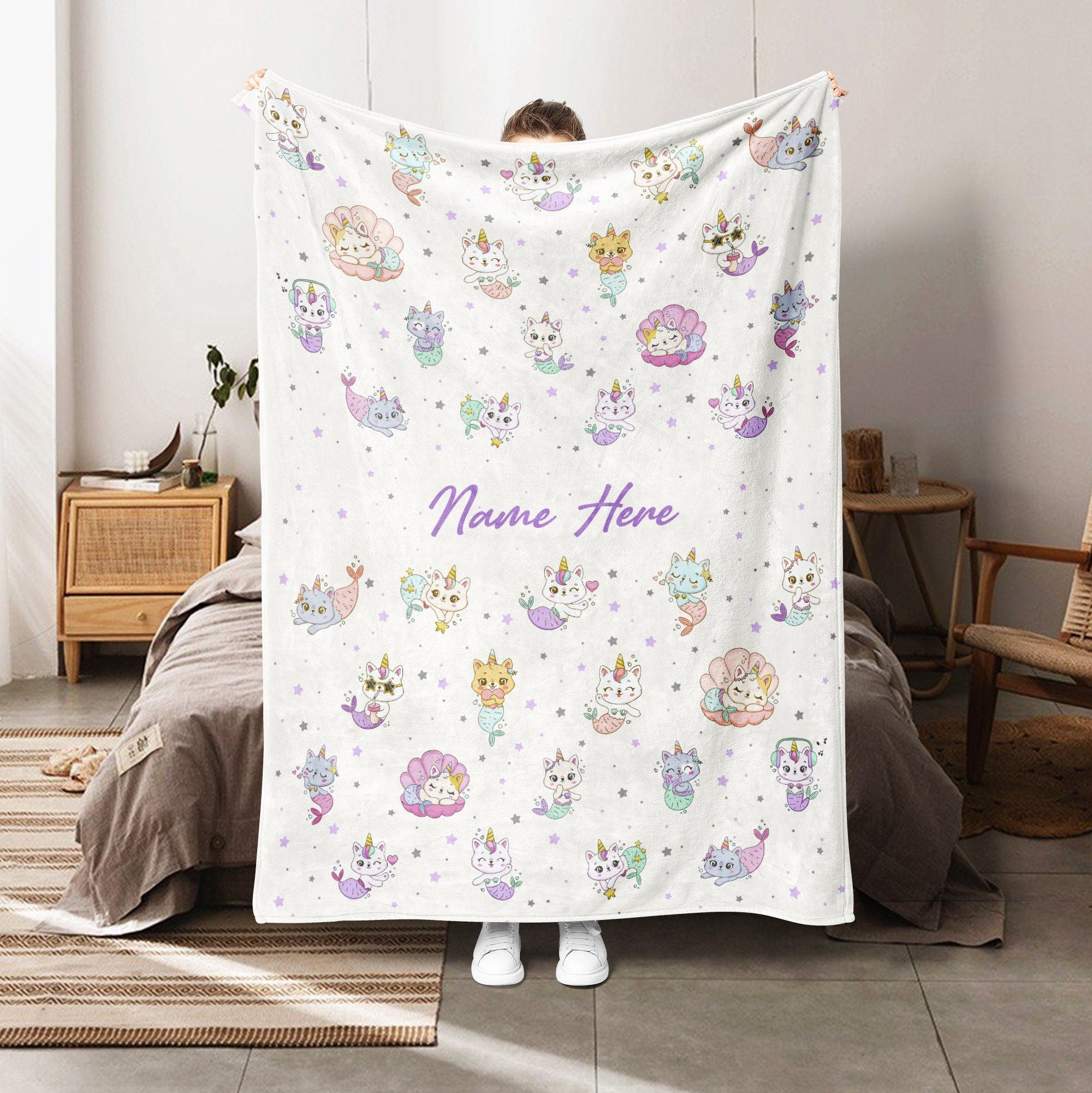 Petmytshirt Cat Blanket Cat Mermaid Blanket Custom Name Soft Cozy Sherpa Fleece Throw Blanket Gift For Cat Lover Cat Mom Mermaid Lover