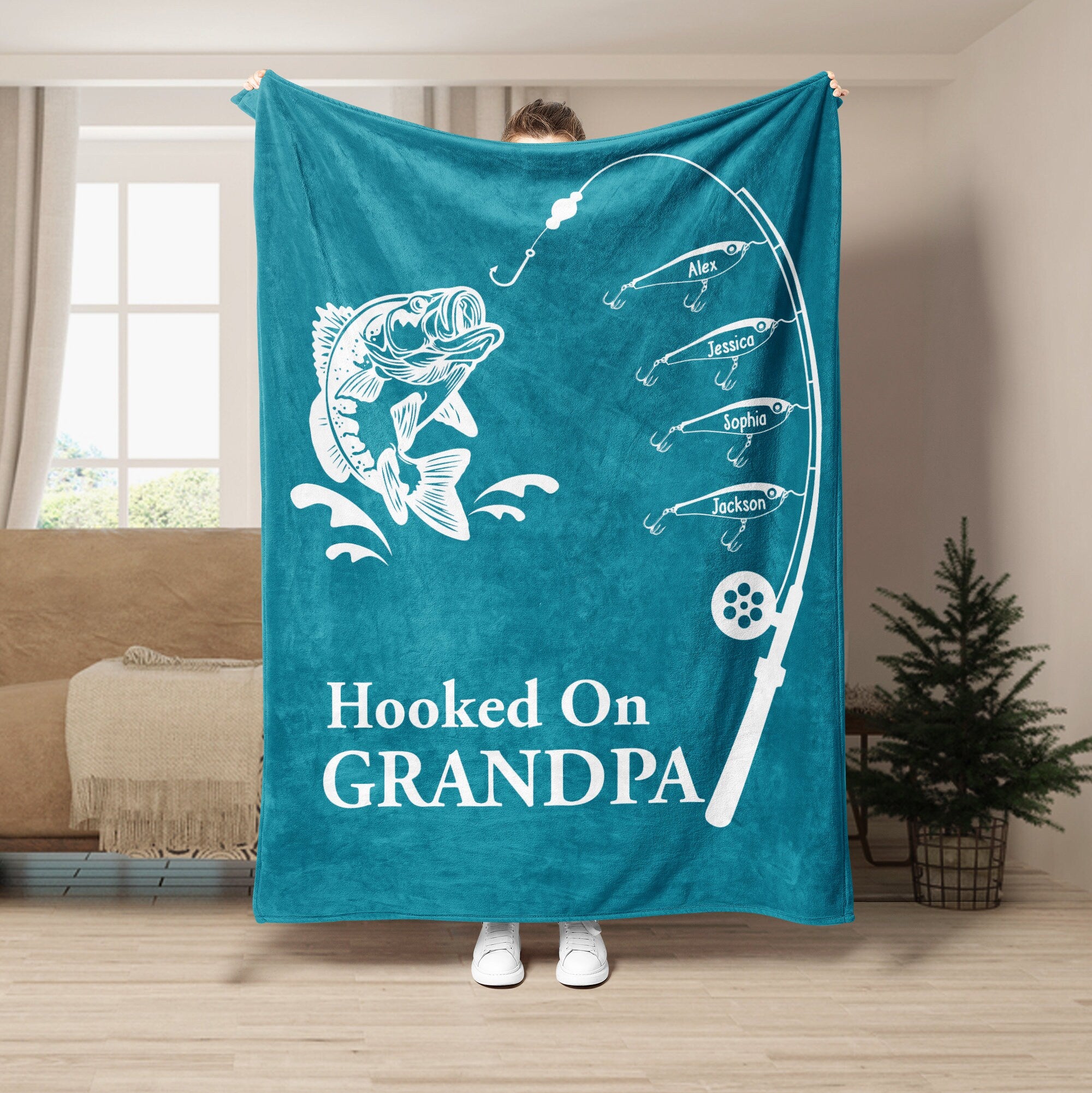 Petmytshirt Fishing Grandpa Blanket Hooked On Grandpa Blanket Custom Soft Sherpa Fleece Throw Blanket Gift for Grandpa Fathers Day Gift