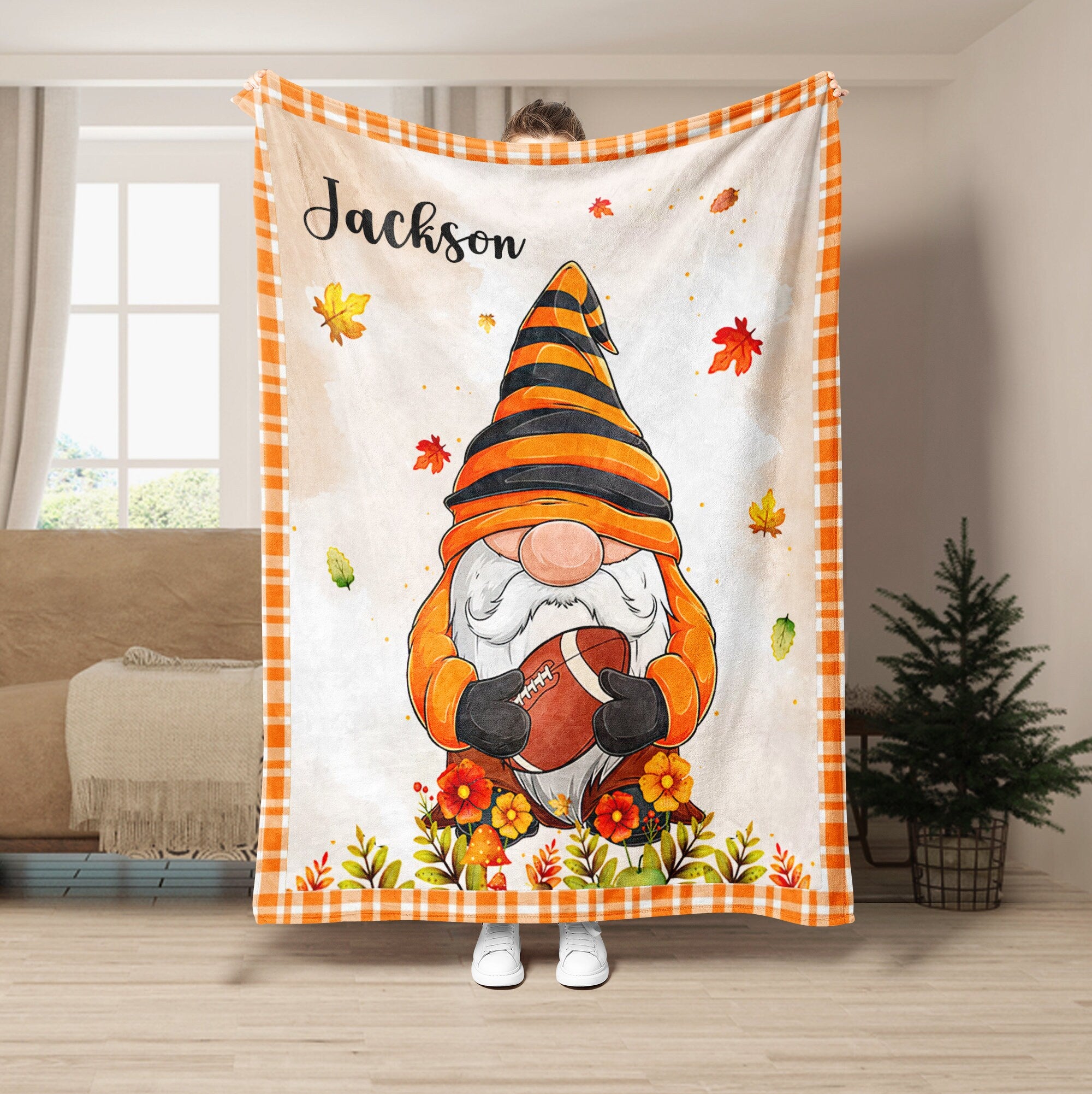 Petmytshirt Football Fall Blanket Football Gnome Custom Name Autumn Gift for Football Lover