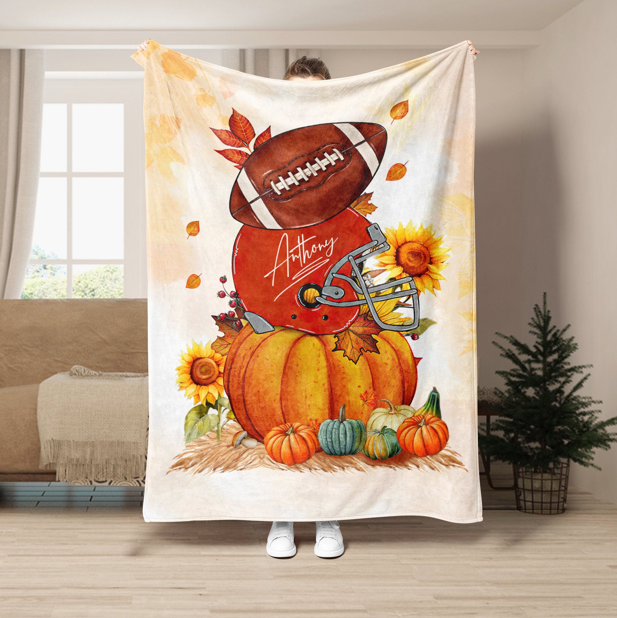 Petmytshirt Football Fall Blanket Football Pumpkin Custom Name Autumn Gift for Football Lover