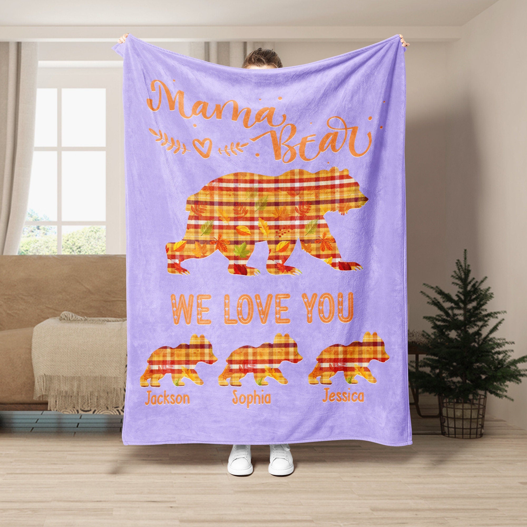 Petmytshirt Mama Bear Blanket Mom Blanket Custom Kid Name Fall Gift for Mom Grandma Autumn Gift