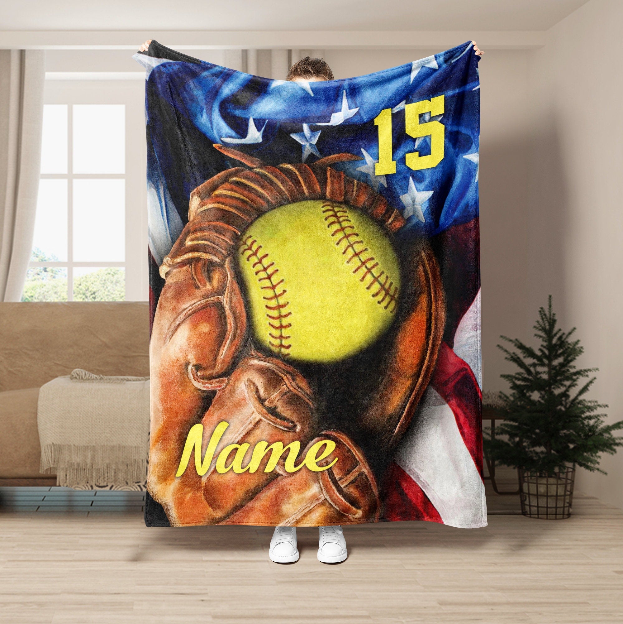 Petmytshirt Softball Blanket Softball Ball And Glove Custom Gift for Mom Daughter Girl Kid