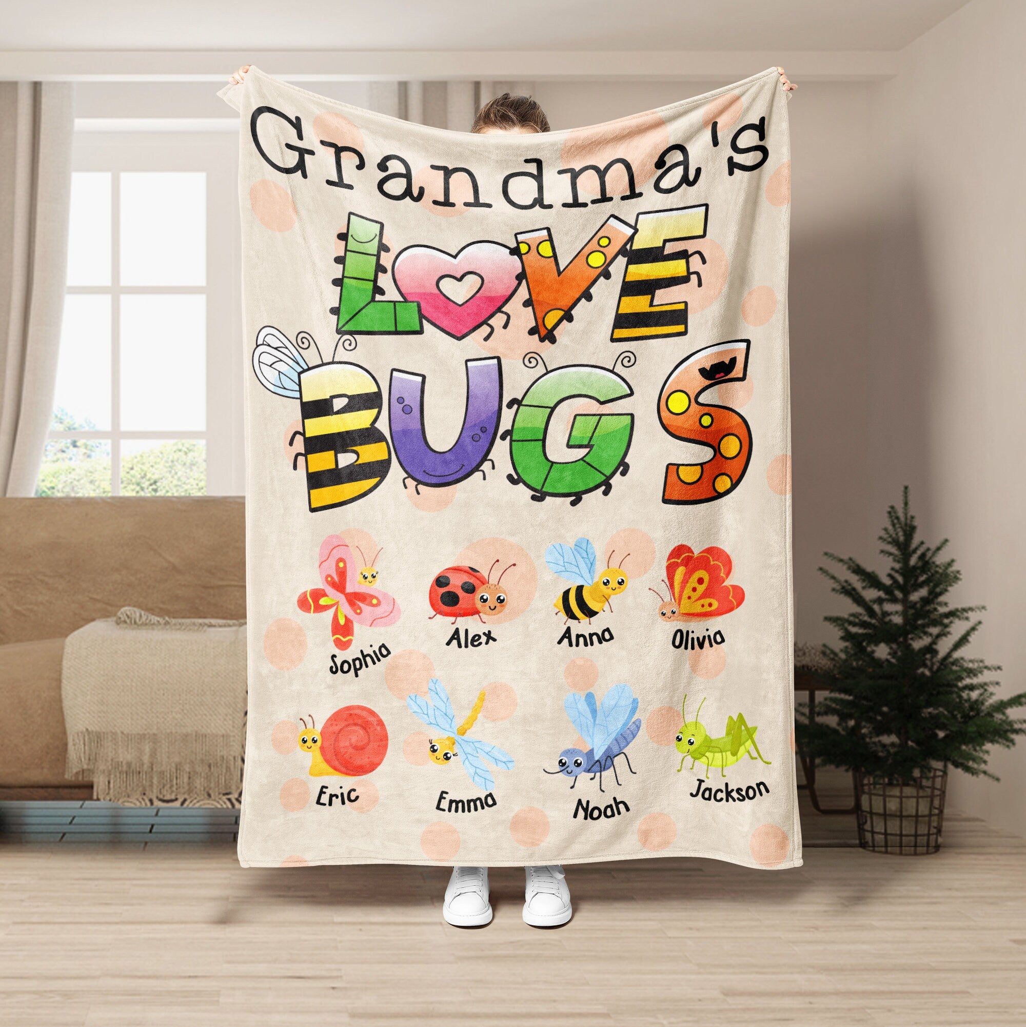 Petmytshirt Grandma Blanket Grandma's Love Bugs Blanket Custom Kids Name Gift for Grandma