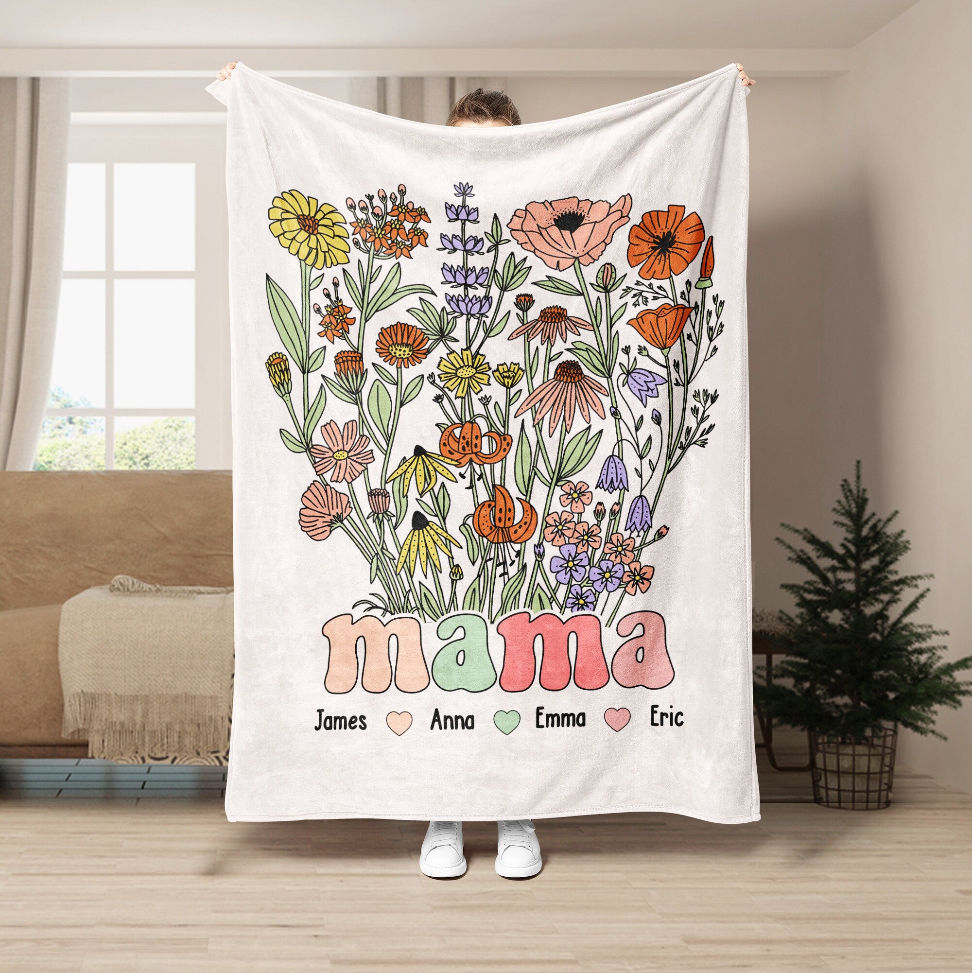 Petmytshirt Mom Blanket Mama Wildflowers Custom Kid Names Blanket 