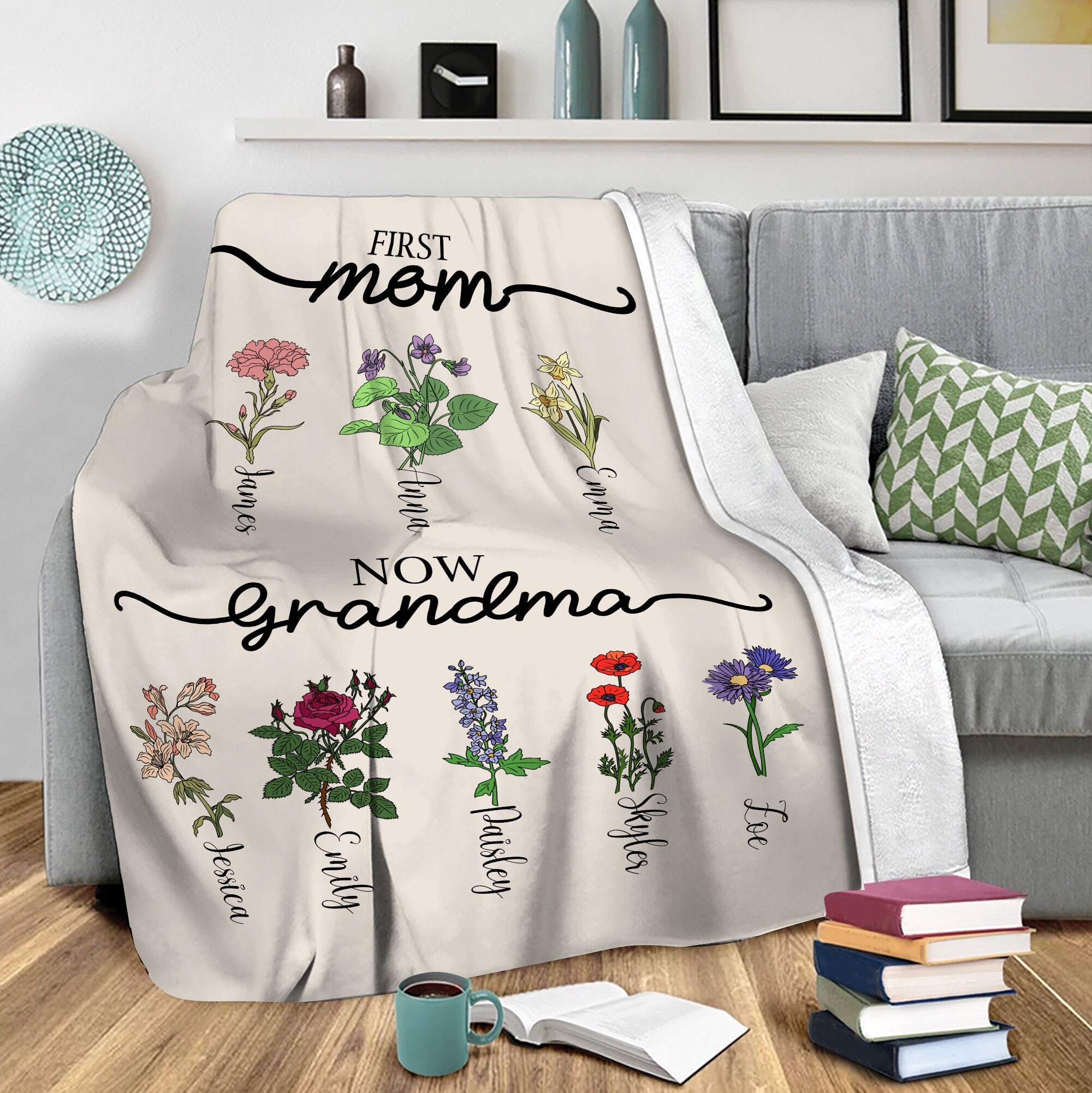 Petmytshirt Grandma Blanket Birth Month Flower Blanket Custom Kids Name Gift for Grandma Mom